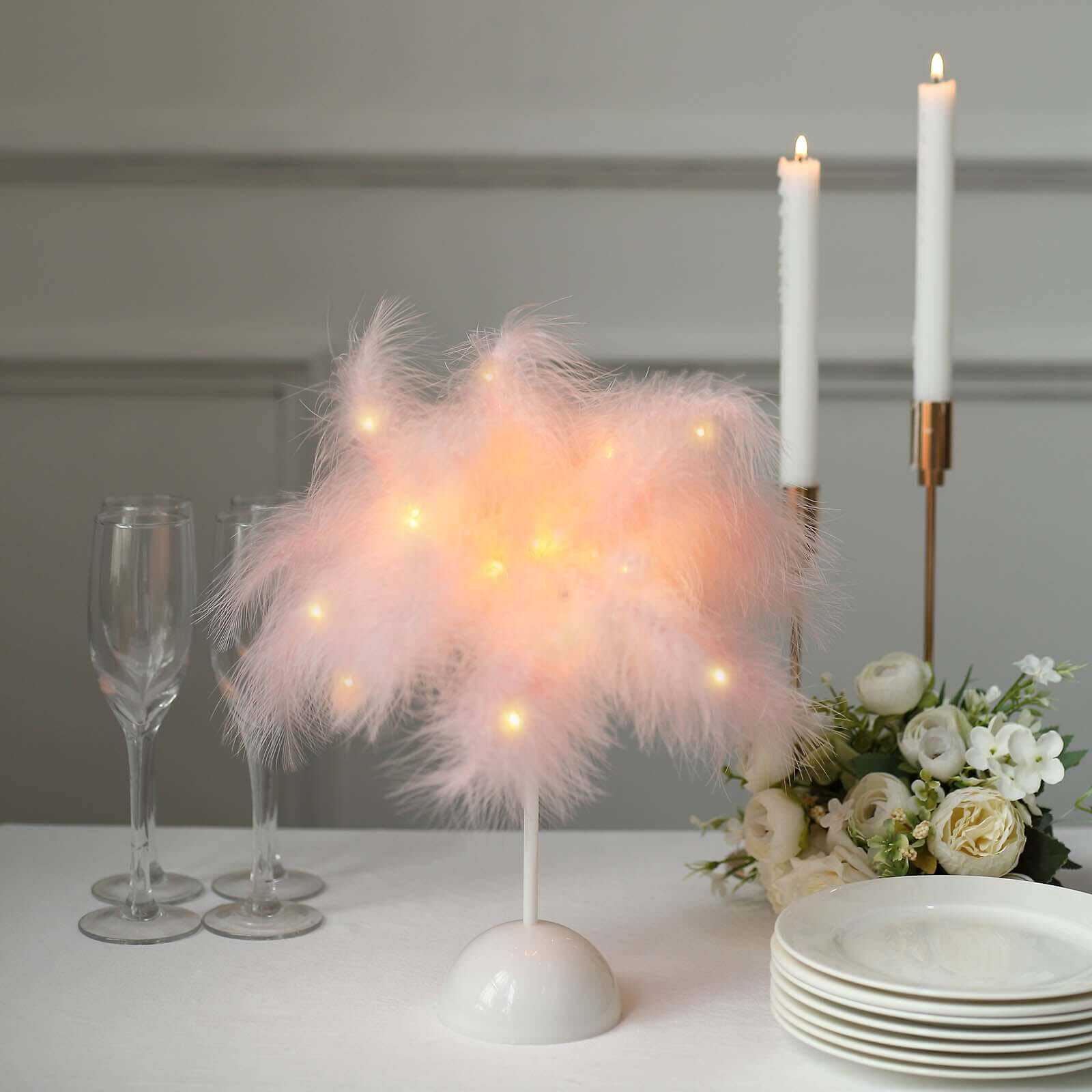 Hot Deal! Blush LED Cordless Table Lamp with Feather Design, 15" for Wedding Centerpiece
