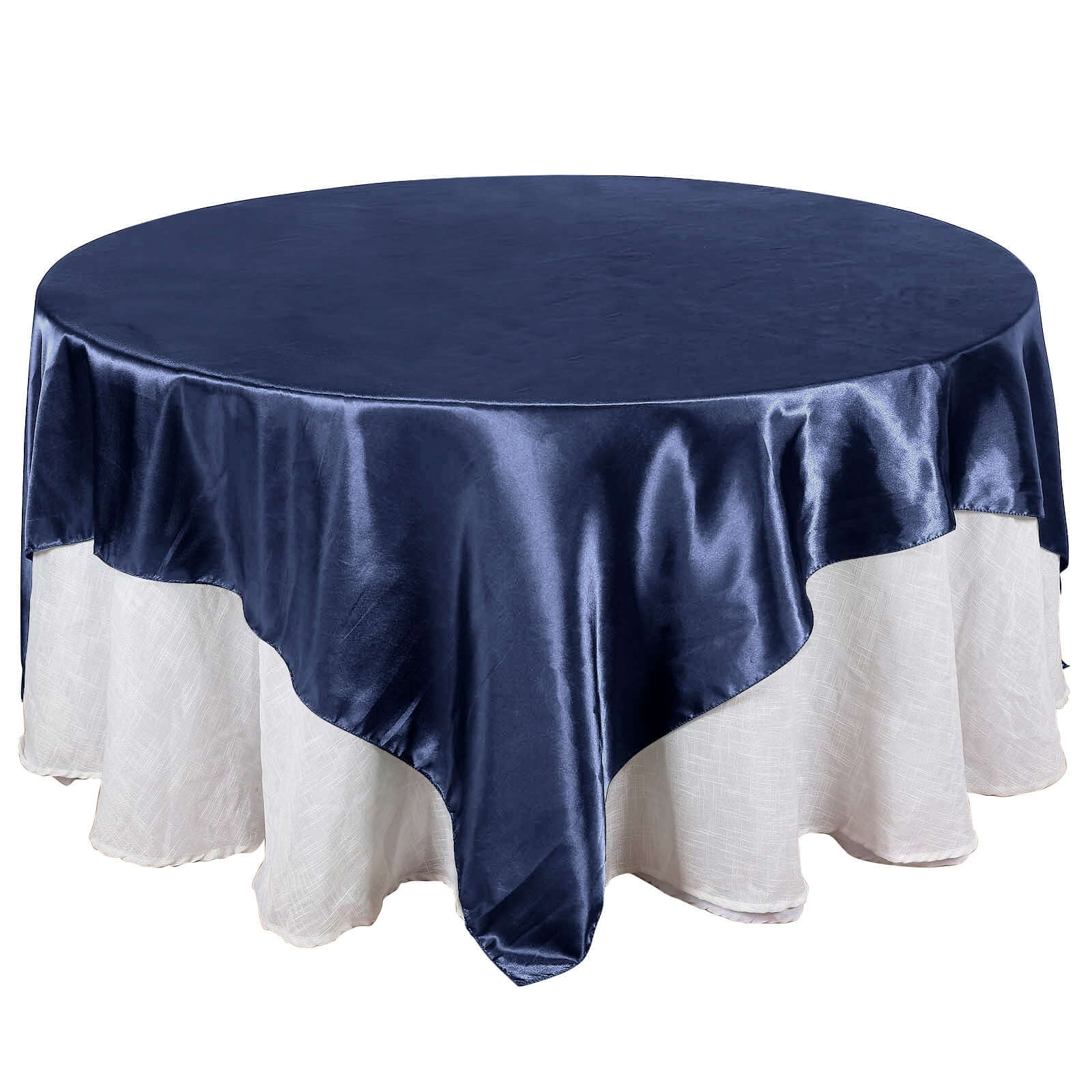 Navy Blue Satin 90x90 Square Table Overlay - Smooth Finish Table Topper for Special Occasions