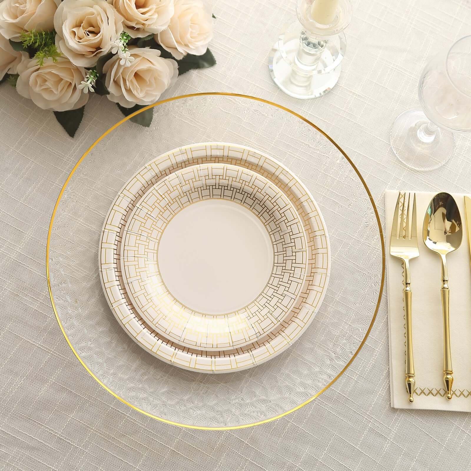 25-Piece Set of White Round Dessert Paper Plates with Elegant Gold Basketweave Rim