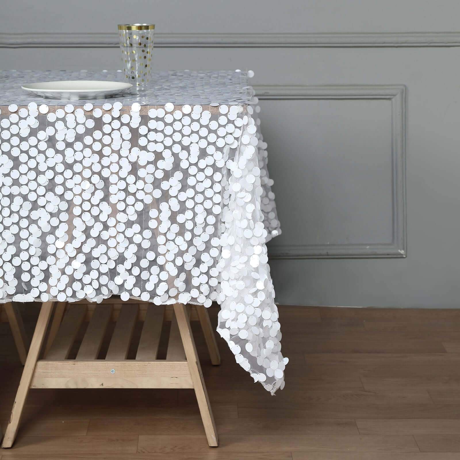 Big Payette White Sequin 72x72 Square Table Overlay for Elegant Celebrations