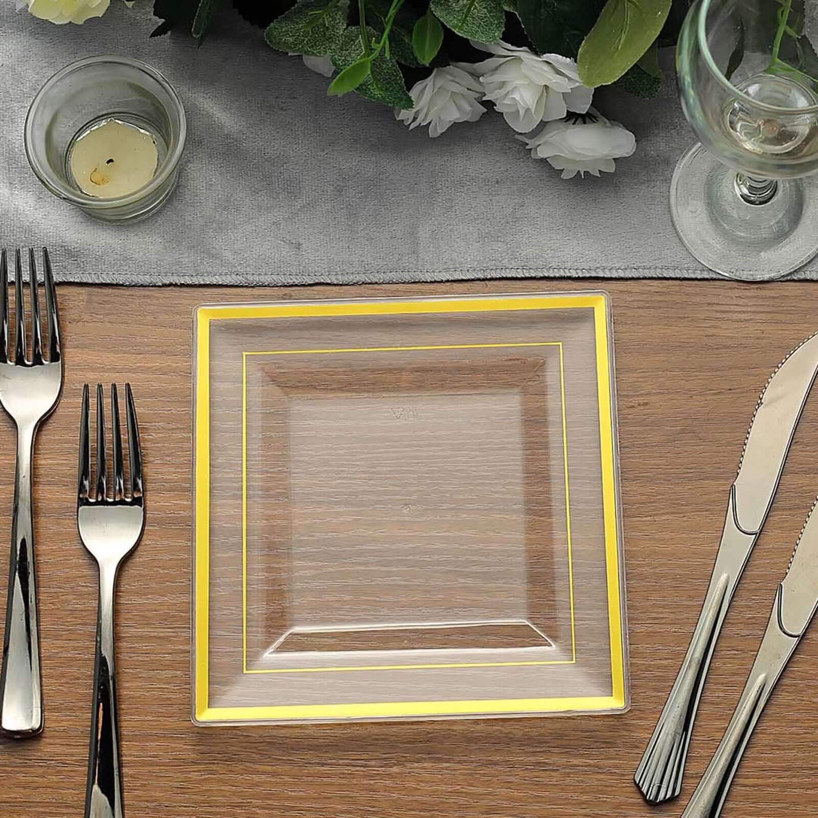 10-Pack Disposable Clear Square Salad & Dessert Plastic Plates with Elegant Gold Trim, 7 Inches