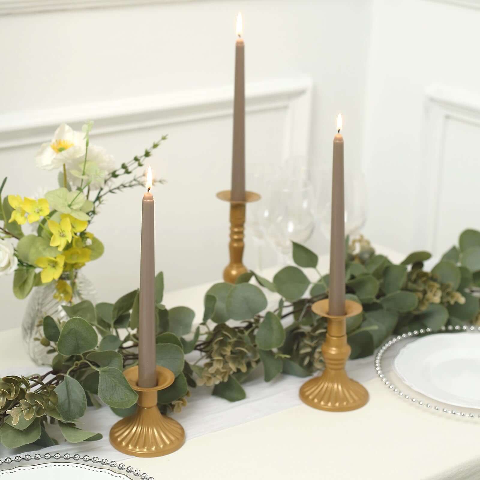 12-Piece Set of Premium Unscented Taupe Taper Candles, 10 Inches Tall