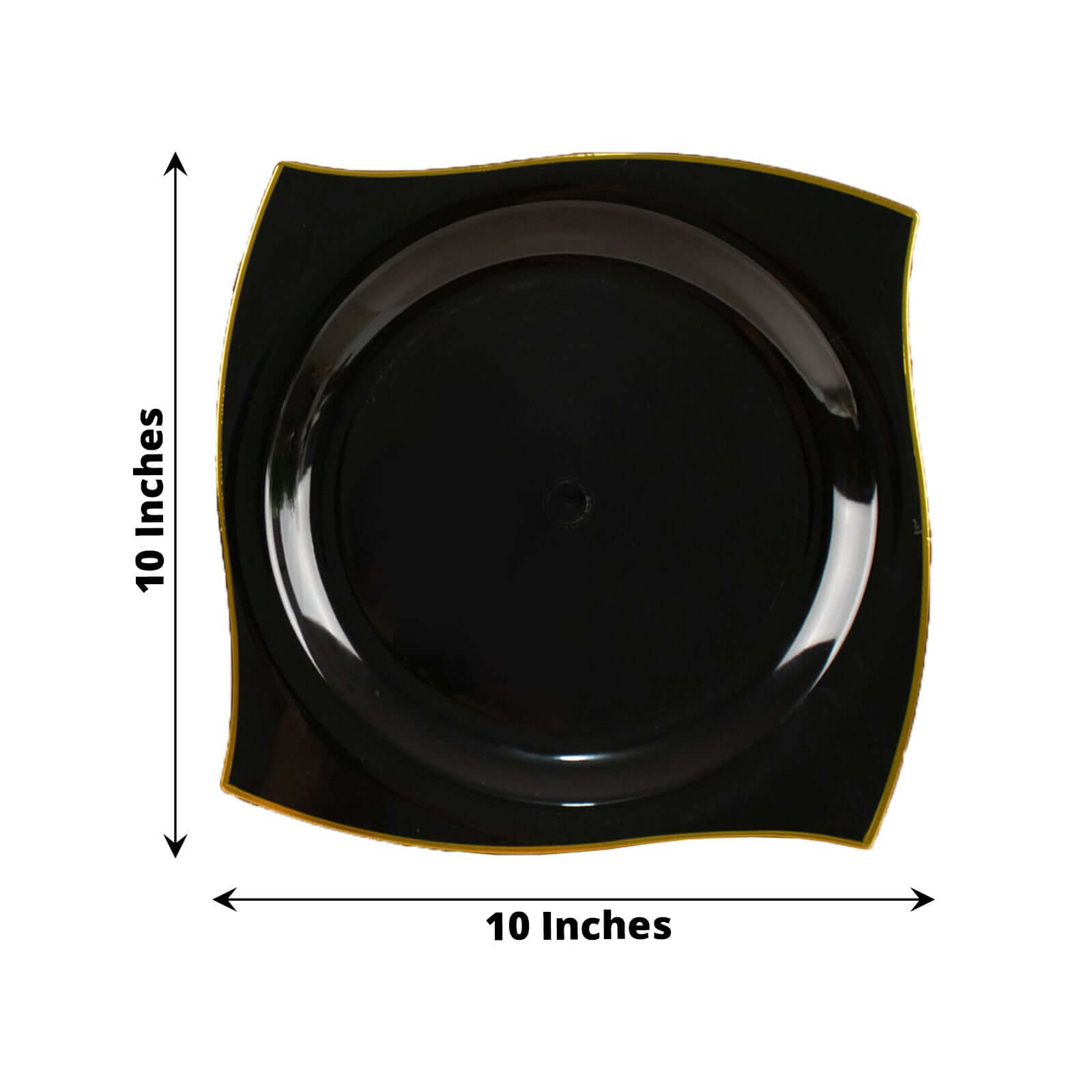 Get 10-Pack Disposable Black Plastic Square Dinner Plates with Gold Wavy Rim for Modern Parties