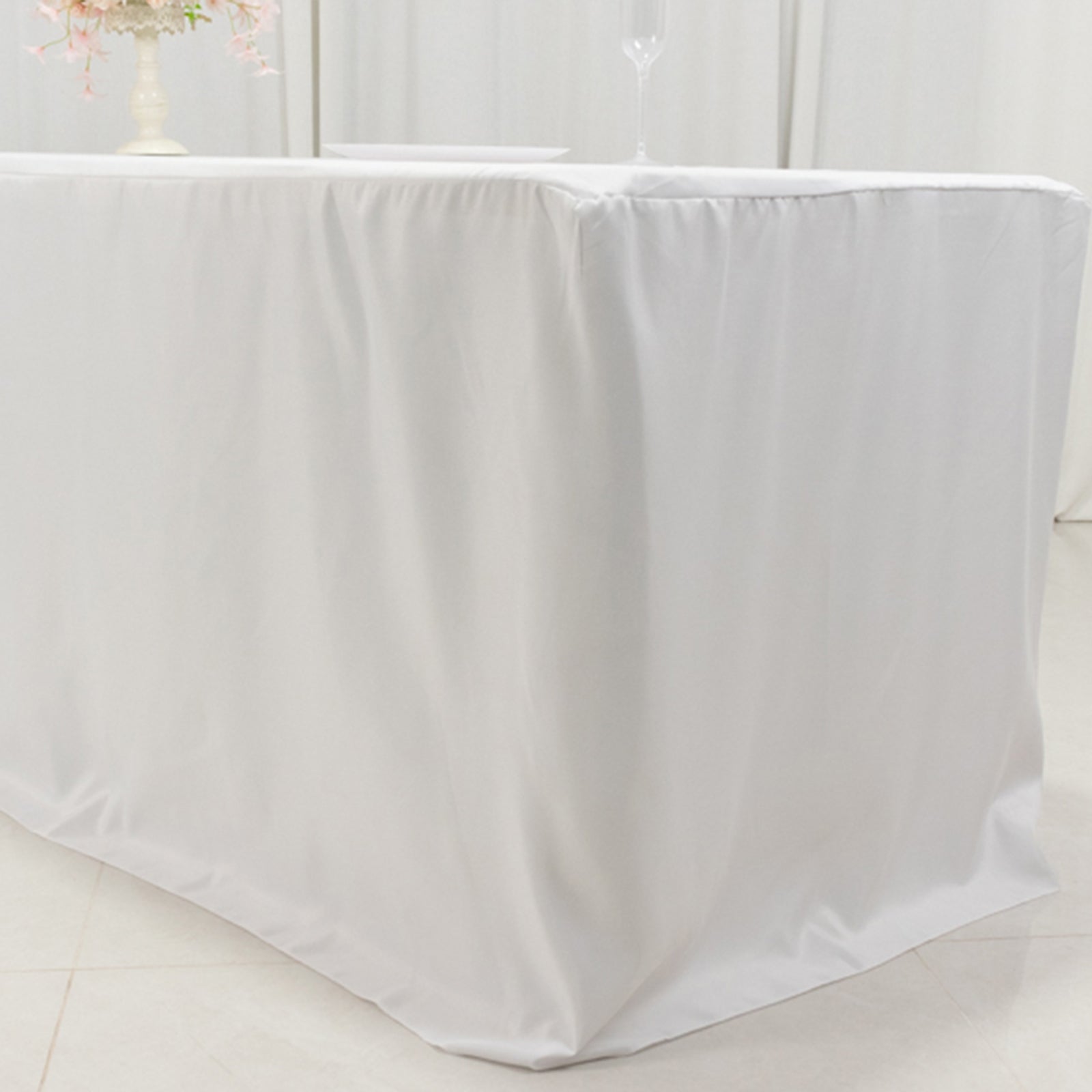 Wrinkle-Resistant White Fitted Polyester Tablecloth for 8ft Rectangles - Open Back Design