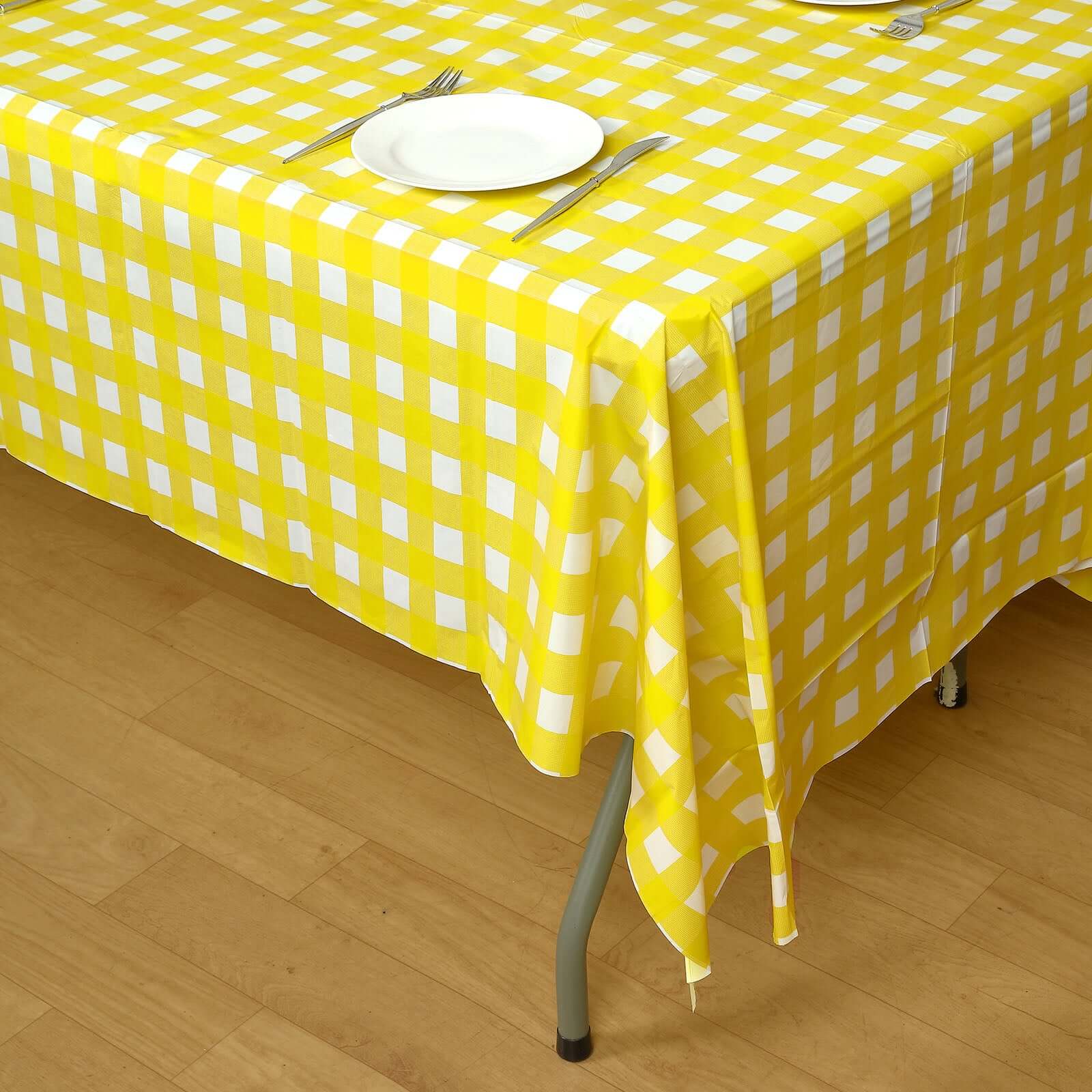 Lightweight PVC Disposable Checkered Plastic Table Cover - White/Yellow Rectangle, 54x108