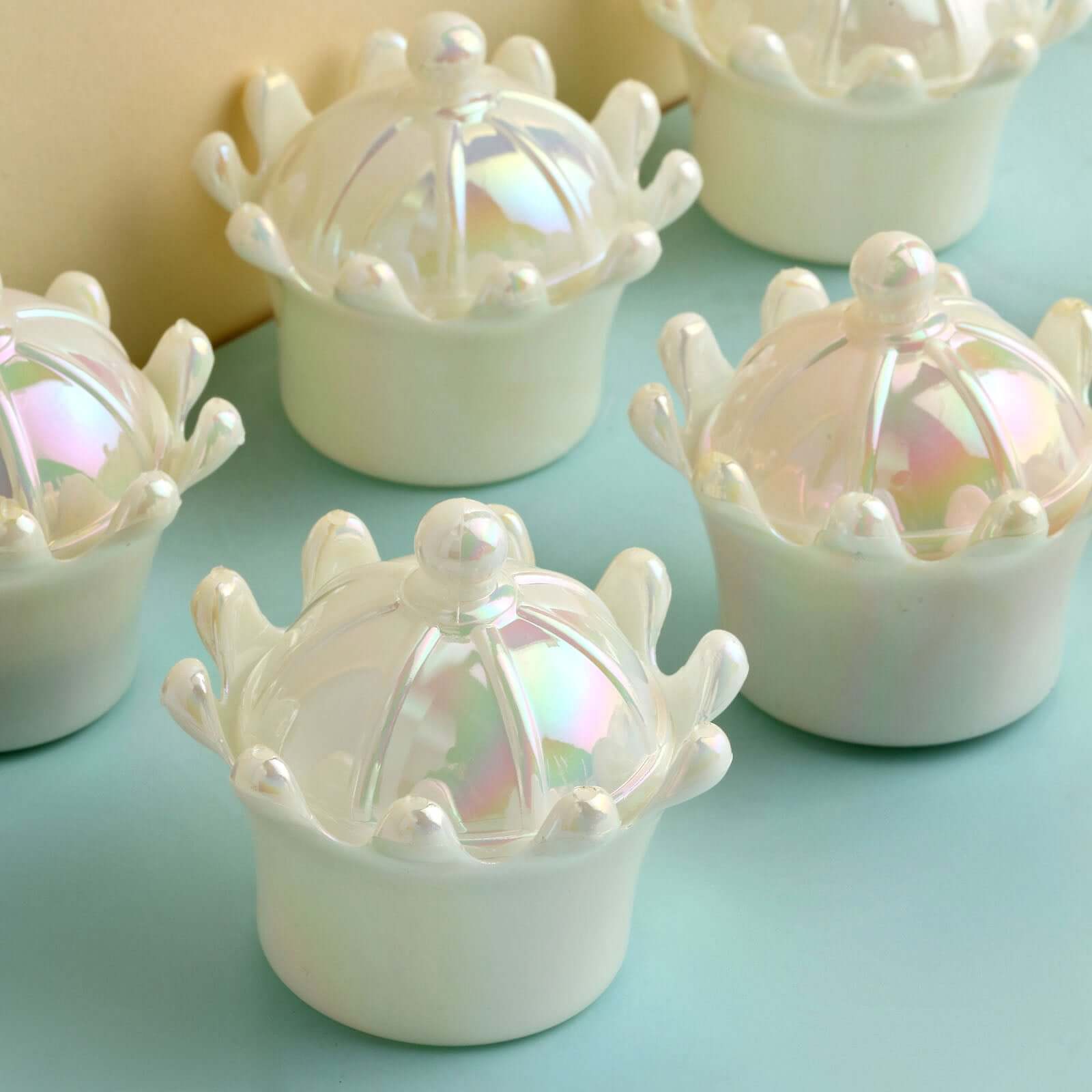 12-Pack White Mini Crown Treat Favor Boxes with Iridescent Dome Lids - Perfect for Parties!