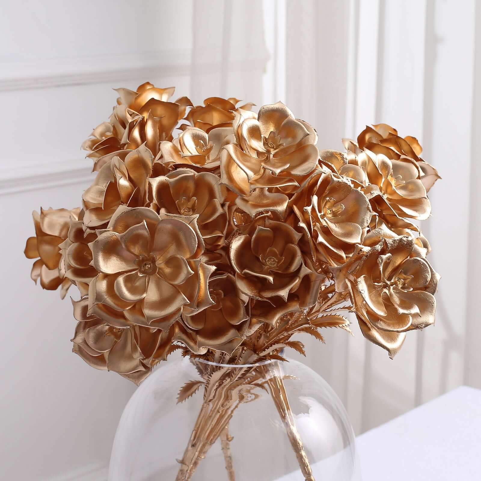 2-Pack Lustrous Metallic Gold Artificial Rose Bouquets for Seasonal & Luxurious Decor