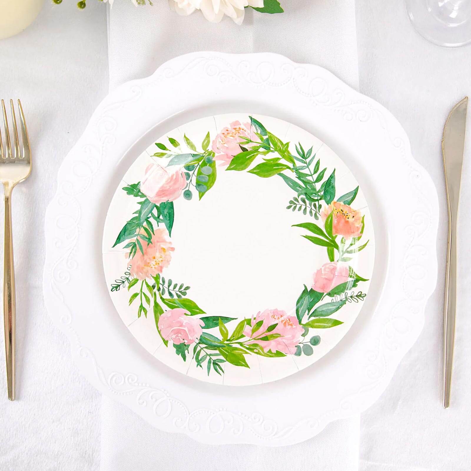 Hot Deal! 25-Pack 7" White Disposable Dessert Plates with Rose/Peony Wreath for Special Events