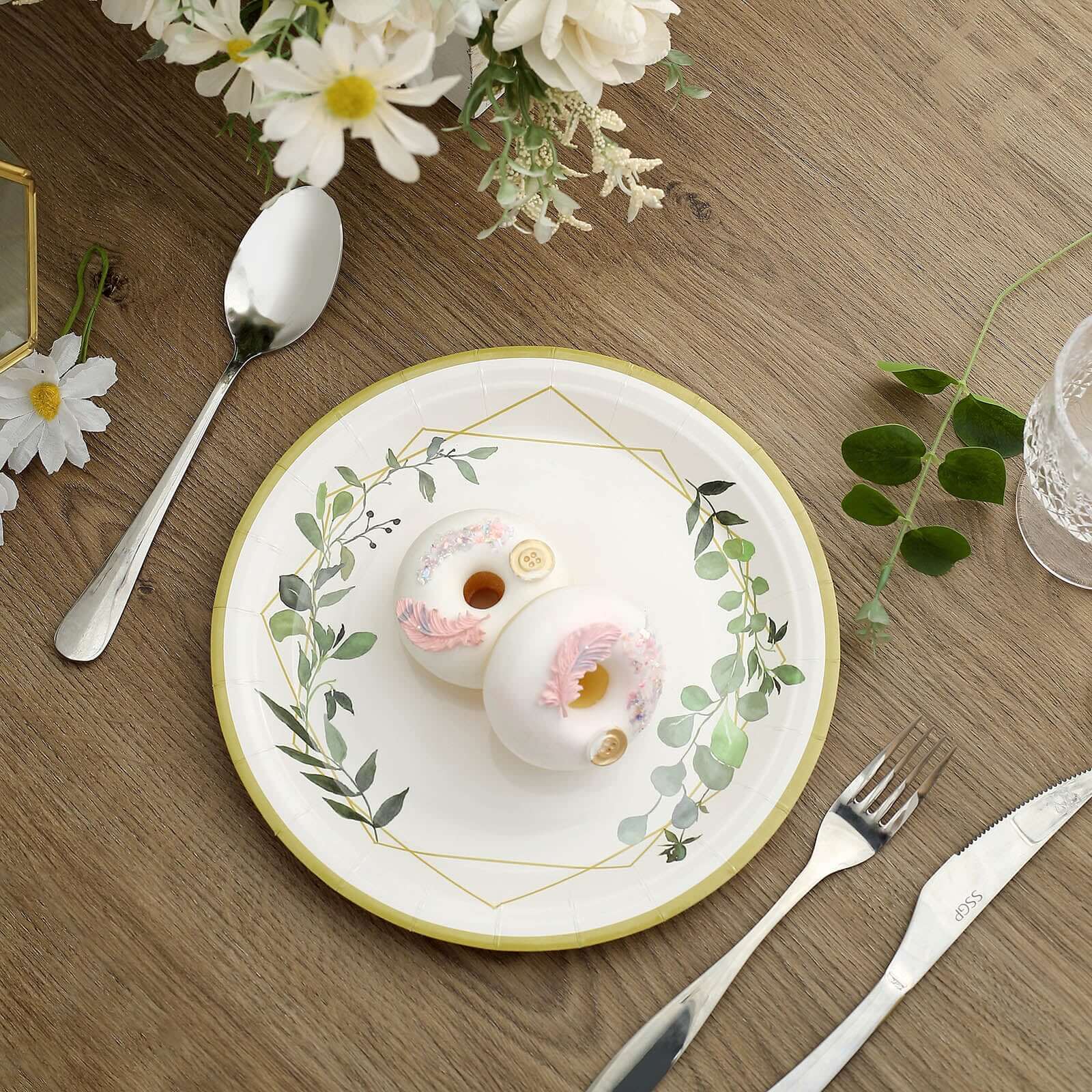 24-Pack 9-Inch White Disposable Paper Dinner Plates with Eucalyptus & Gold Rim