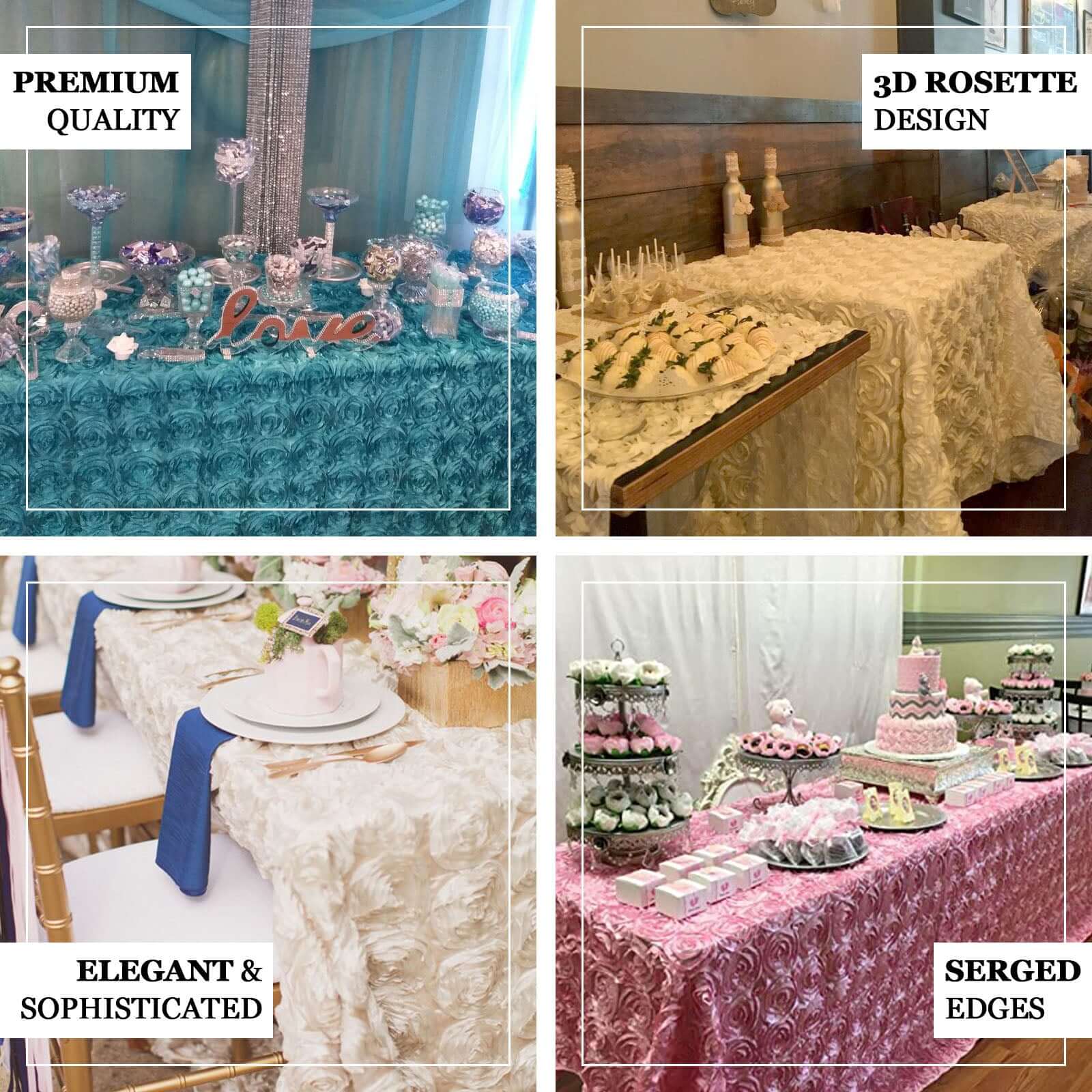 White Satin 90x156 Rectangle Tablecloth with Elegant 3D Rosette Design for Fancy Celebrations