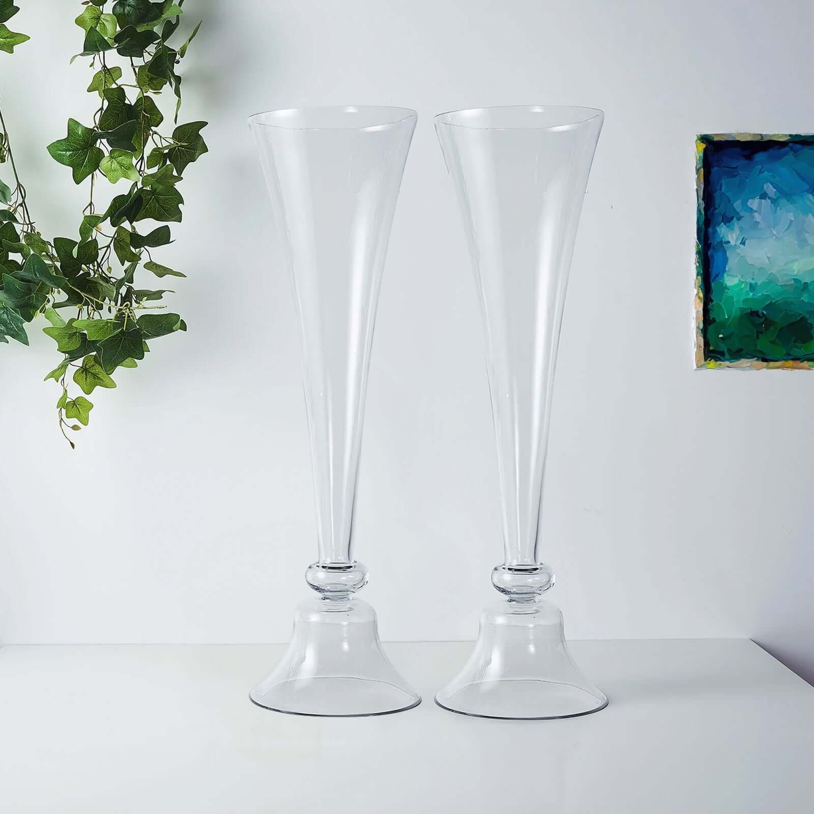 Set of 2 Clear Reversible Glass Trumpet Vases - Ideal Stylish Centerpieces for Events