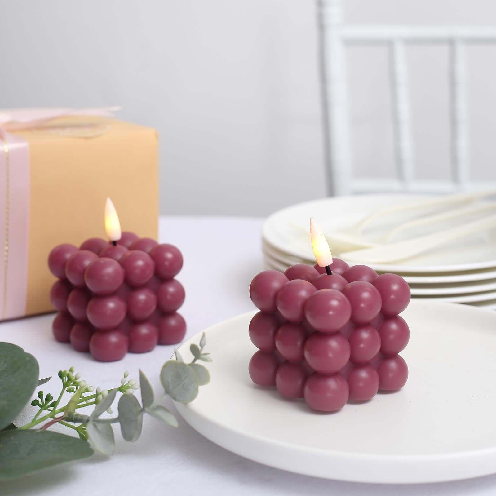 2-Pack Battery-Operated Burgundy LED Flameless Cube Candles with Flickering Warm White Light