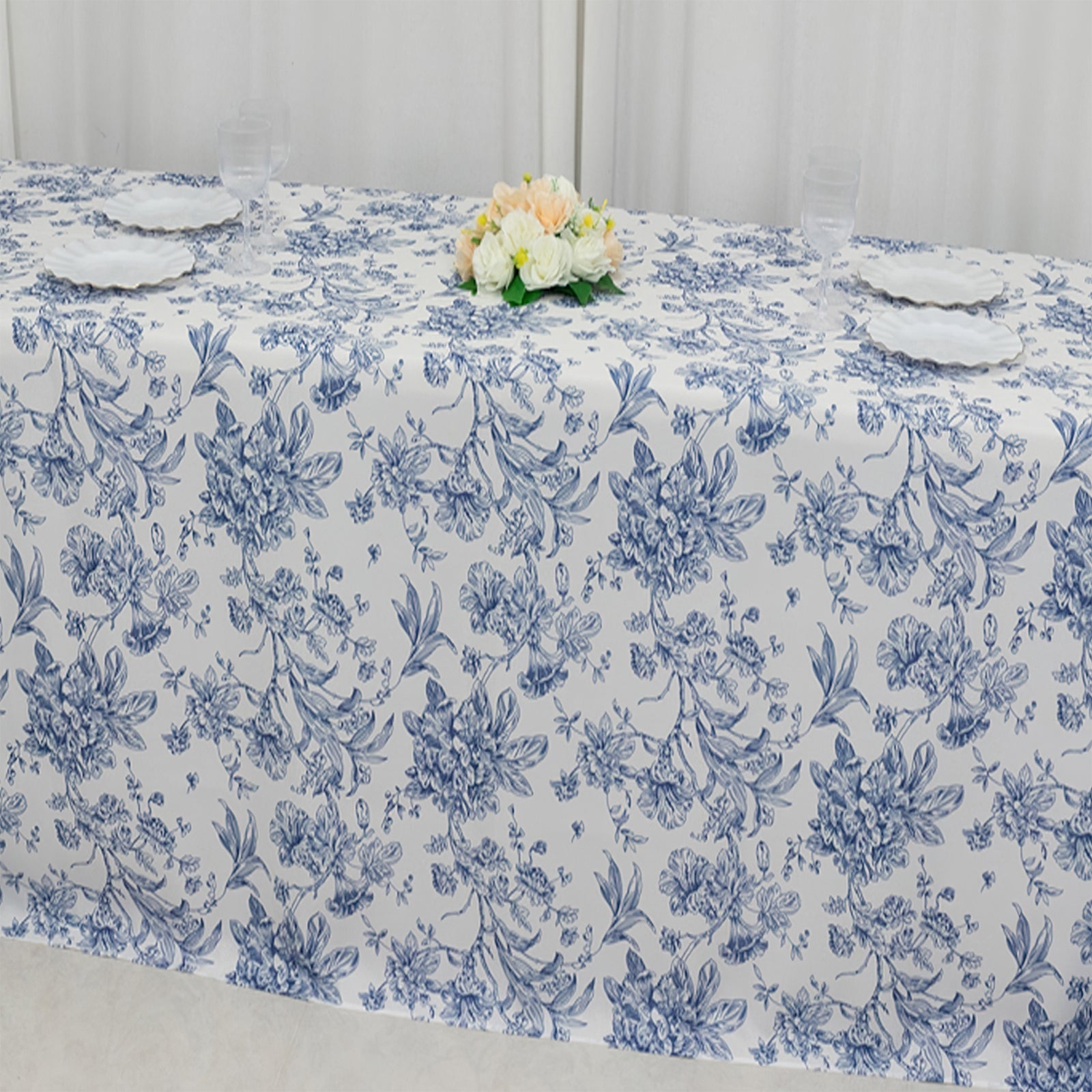 White Polyester Rectangle Tablecloth with Seamless Blue French Toile Pattern for Elegant Events