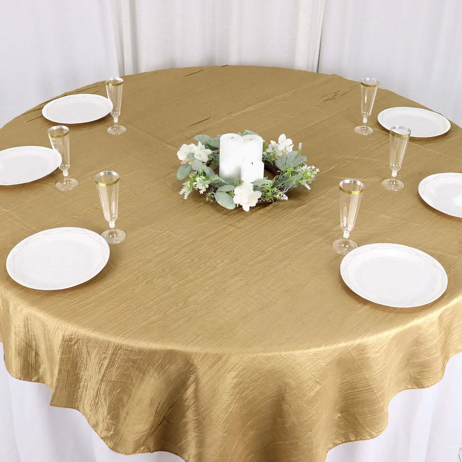 Gold Accordion Crinkle Design 72x72 Square Taffeta Table Overlay for Stylish Events
