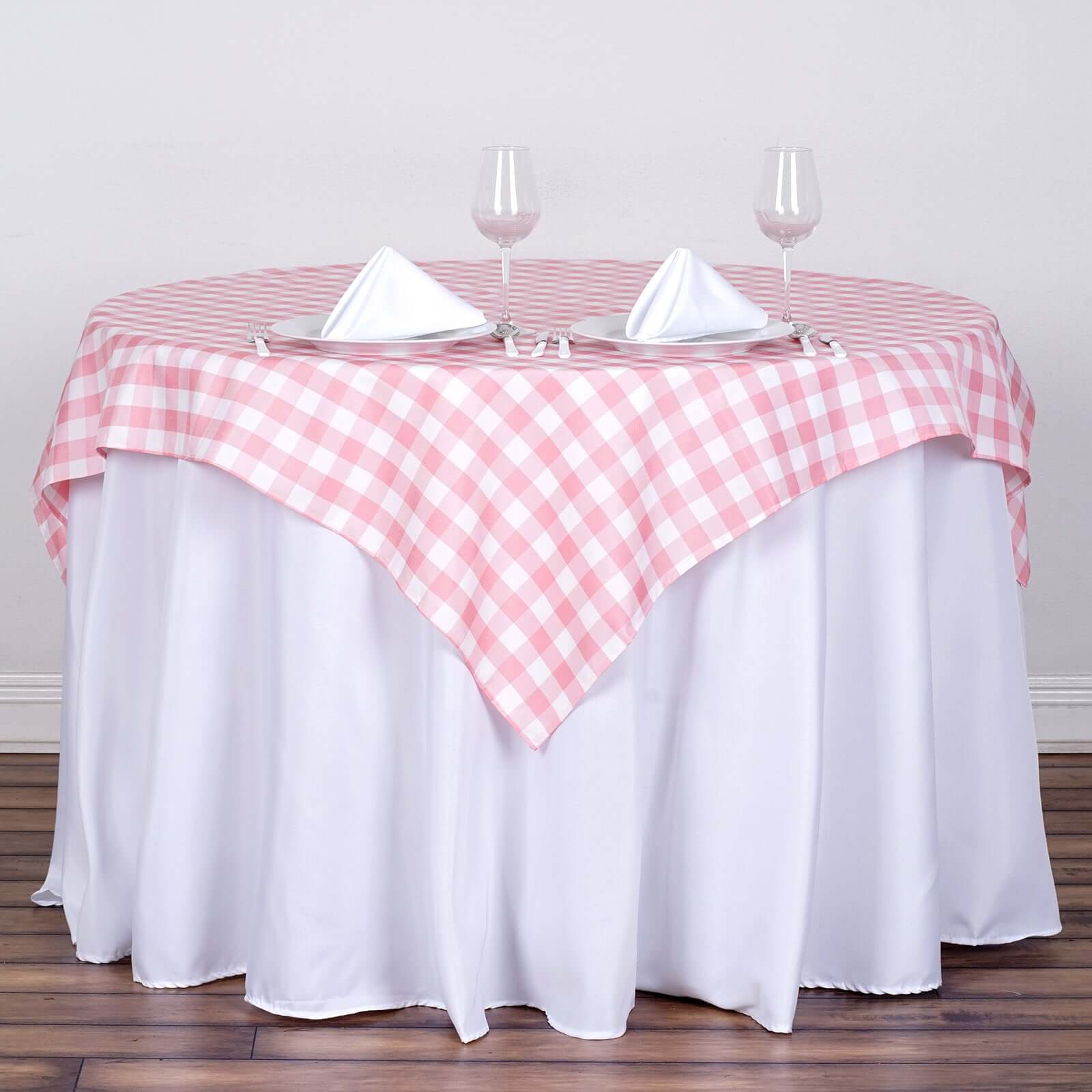 Hot! White/Rose Quartz Polyester 54x54 Checkered Buffalo Plaid Square Table Overlay for Casual Tables