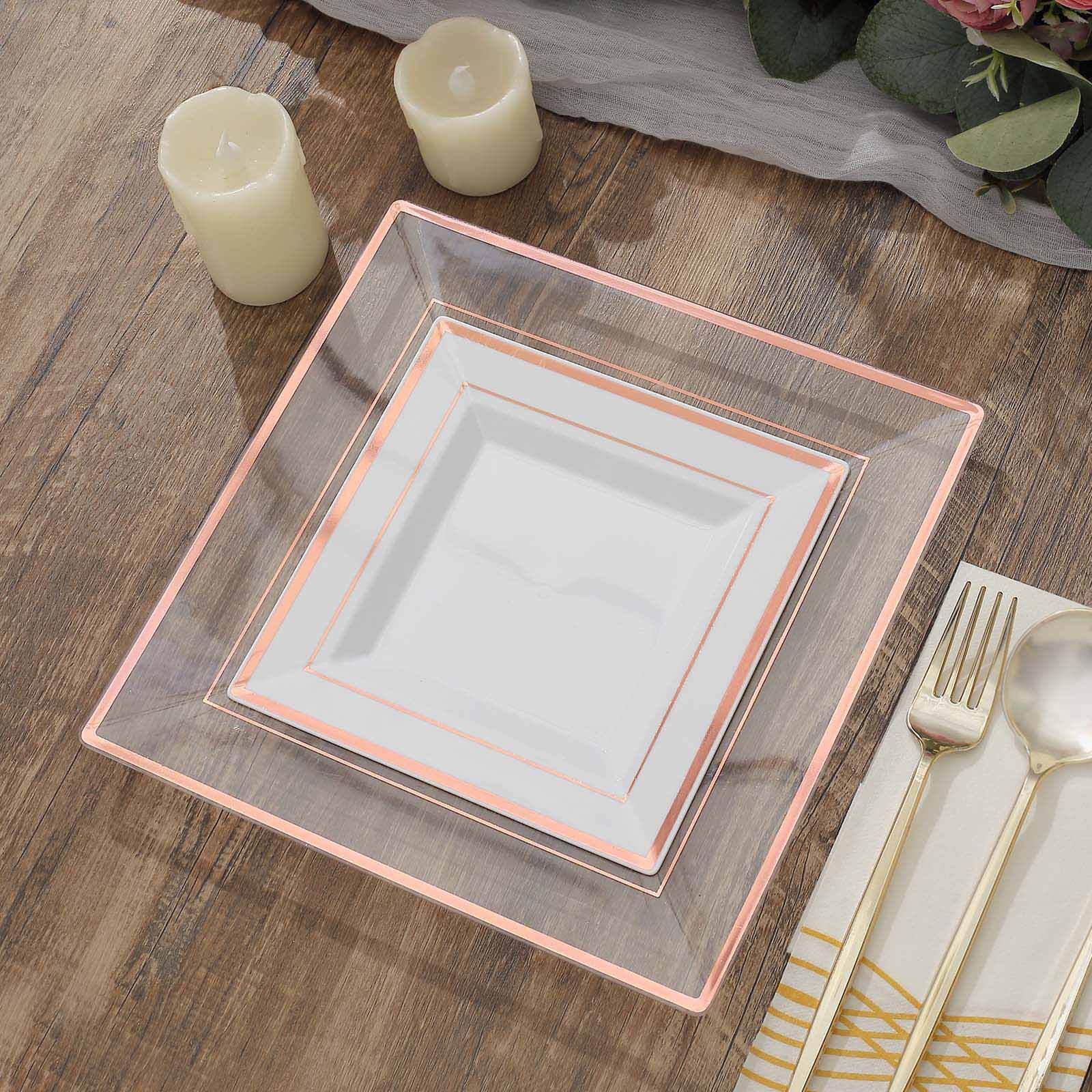 10-Piece Set of Durable Disposable White Square Salad & Dessert Plates with Rose Gold Trim, 7 Inches