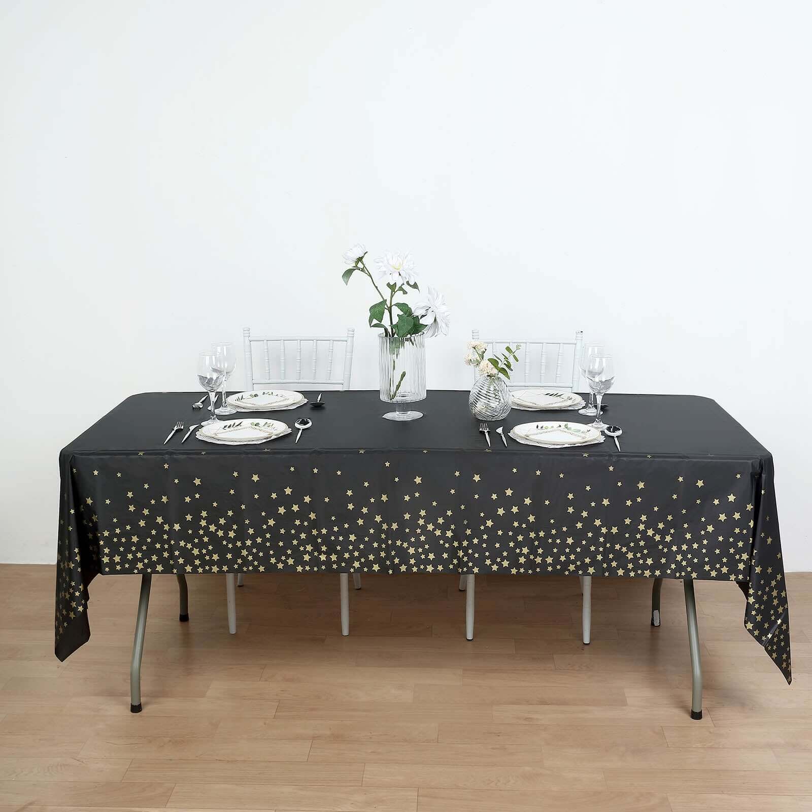 5-Pack Premium Disposable PVC Table Covers: Black Rectangle with Gold Stars, 54x108