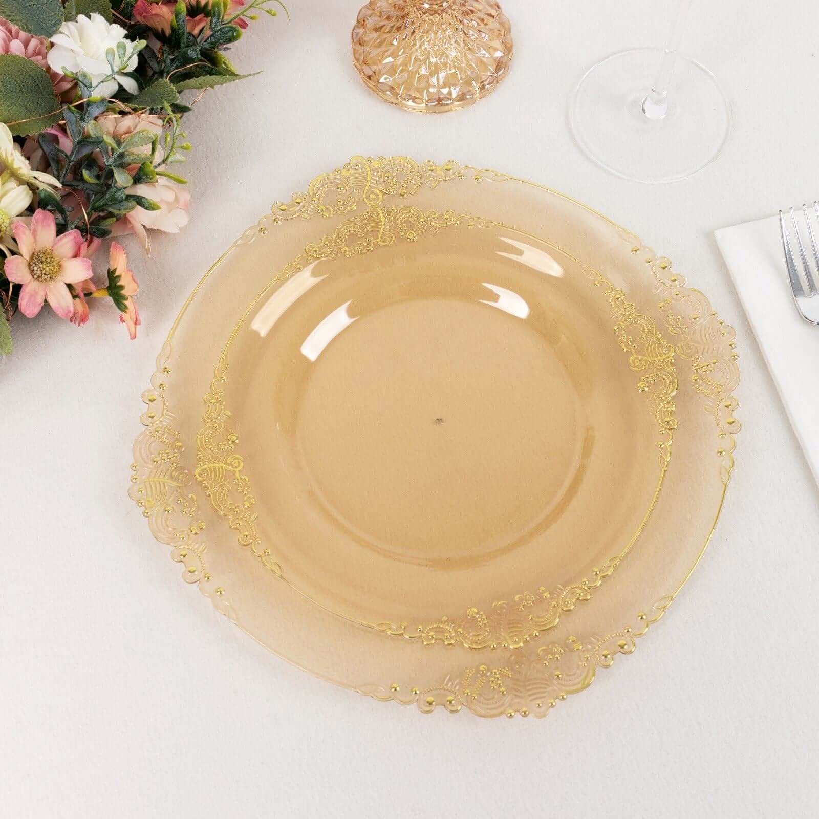 10-Pack Disposable Vintage Baroque Style 8-Inch Round Plastic Dessert Plates in Transparent Amber Gold with Gold Leaf Rim