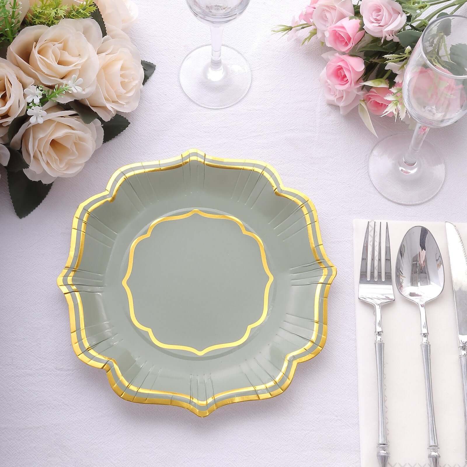 25-Piece Disposable 300GSM Sage Green Paper Dessert Plates with Gold Scalloped Edge, 8 Inches
