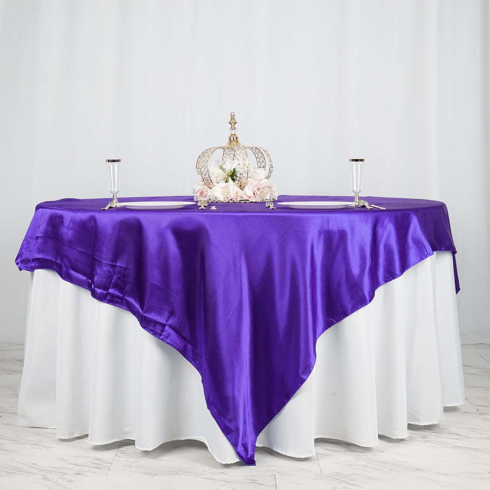 Purple Satin 90x90 Square Table Overlay - Smooth Finish, Ideal Table Topper