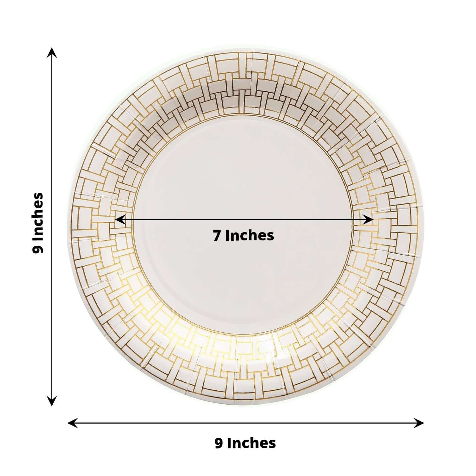 Get 25-Pack of Disposable 9-Inch White Paper Dinner Plates with Gold Basketweave Rim for Elegant Parties