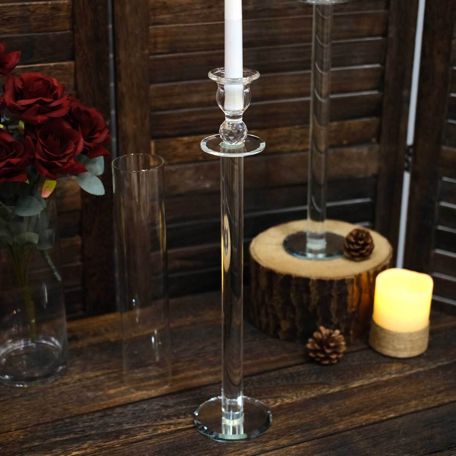 2-Pack Tall Clear Crystal Glass Hurricane Taper Candle Holders, Decorative 26-Inch Stands