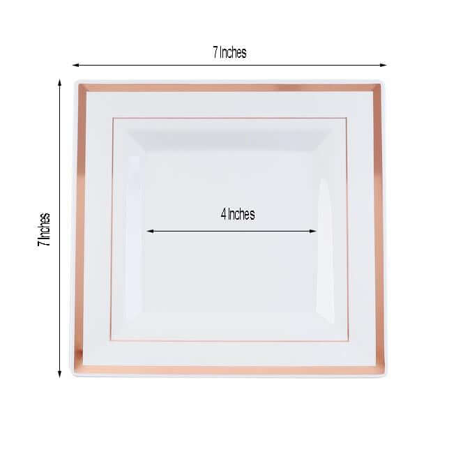 10-Piece Set of Durable Disposable White Square Salad & Dessert Plates with Rose Gold Trim, 7 Inches