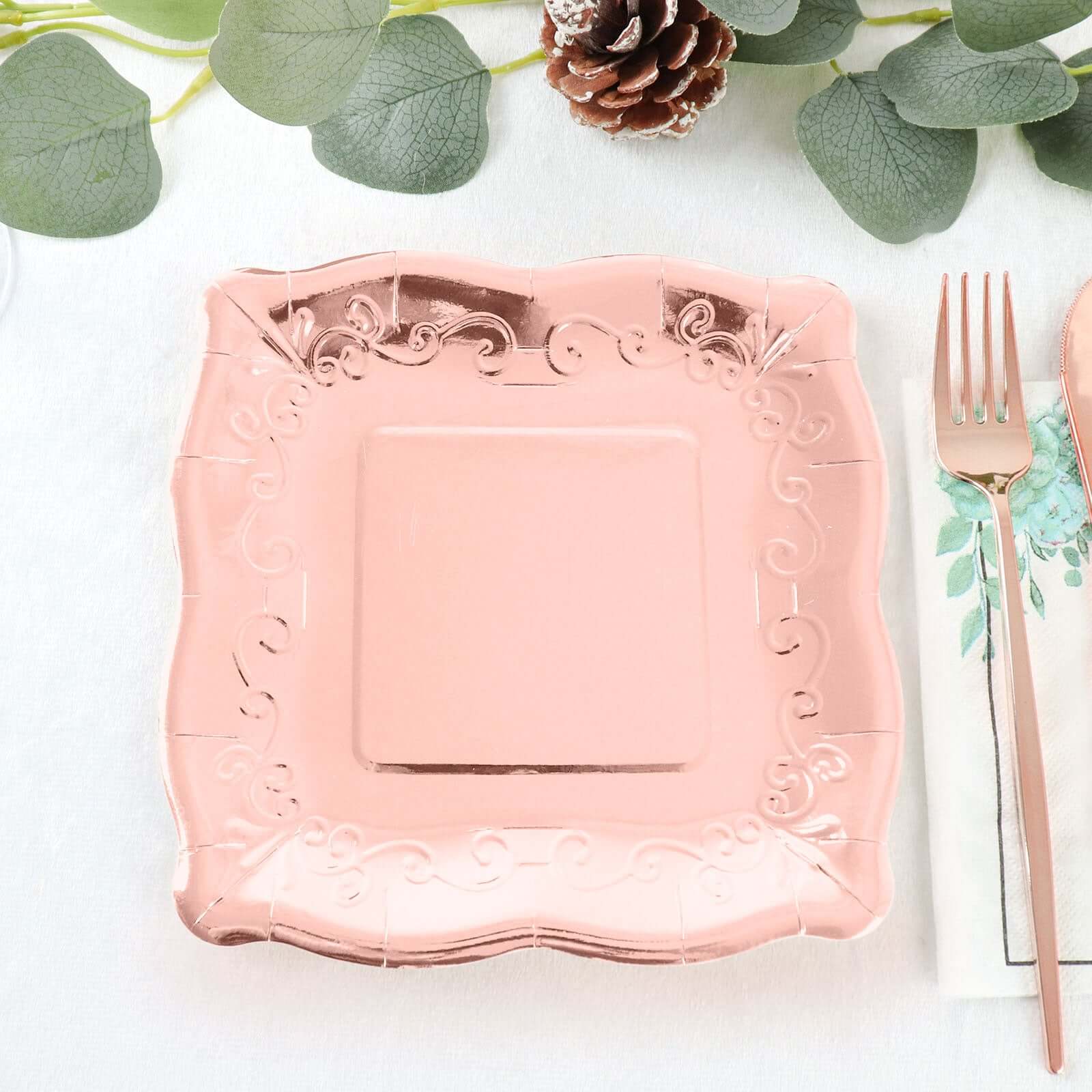 Hot Sale! 25-Pack Disposable Rose Gold Square Dessert Appetizer Paper Plates with Vintage Pottery Embossed Design