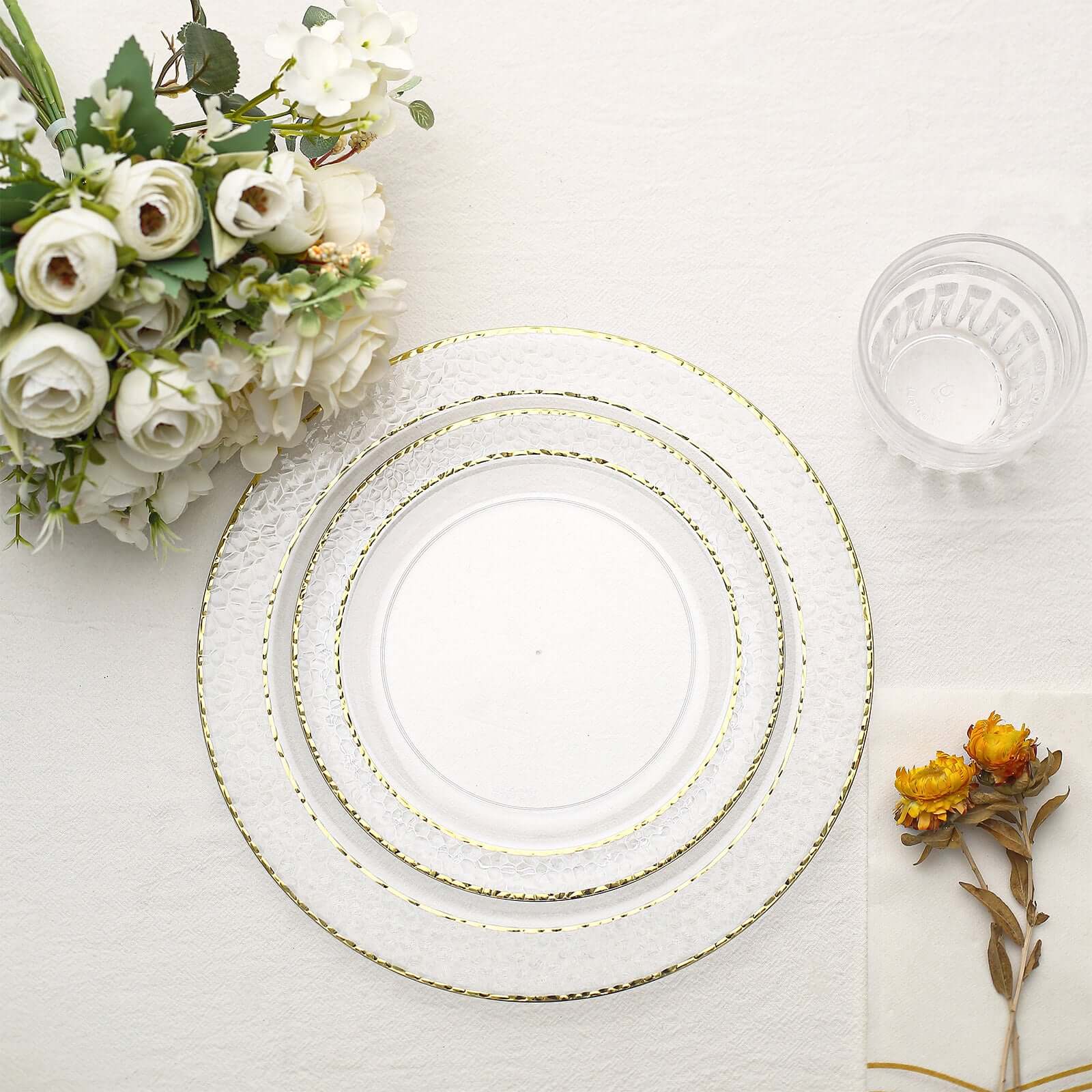 10-Piece Set of Disposable Clear Plastic Appetizer Plates with Hammered Design and Gold Rim for Special Events