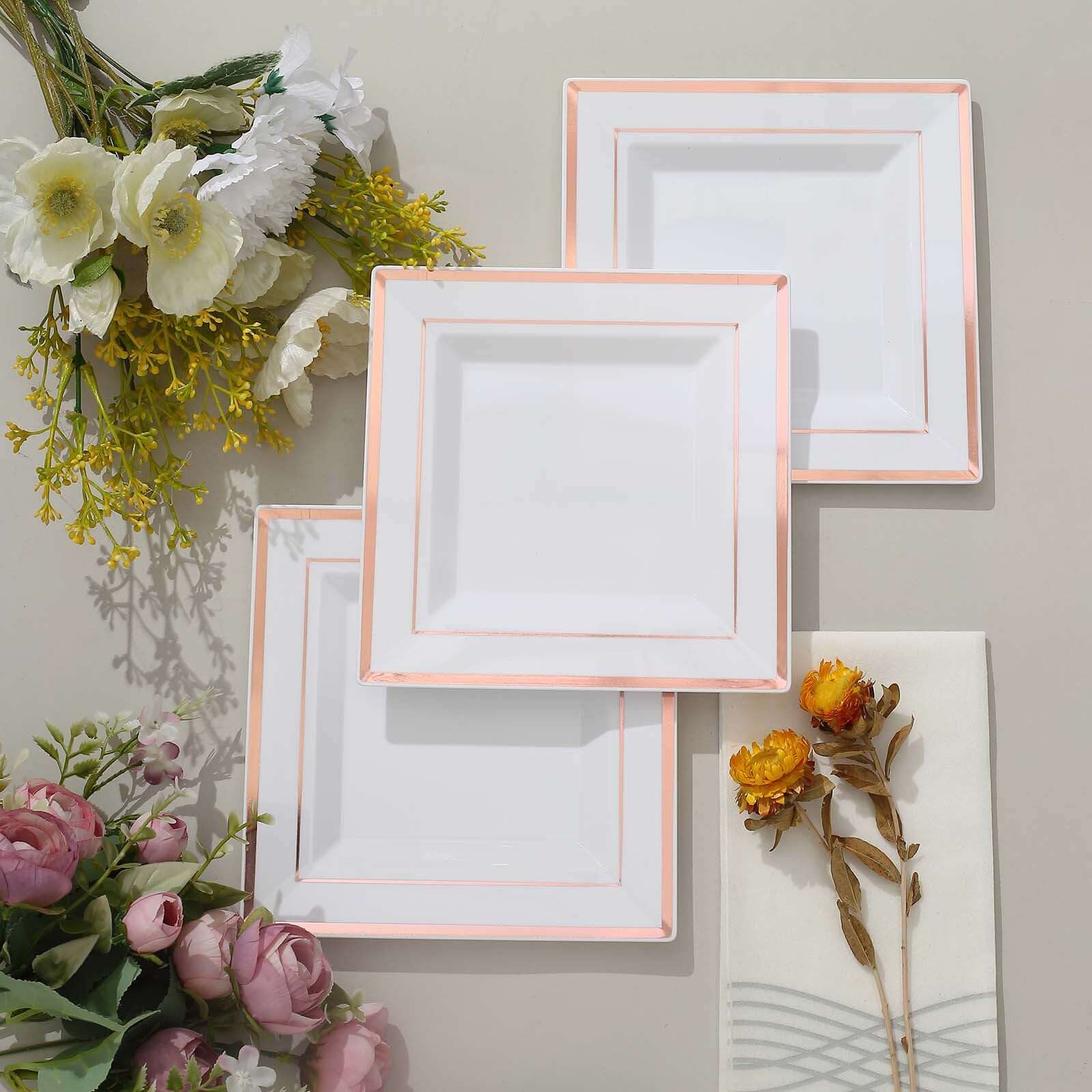 10-Piece Set of Durable Disposable White Square Salad & Dessert Plates with Rose Gold Trim, 7 Inches