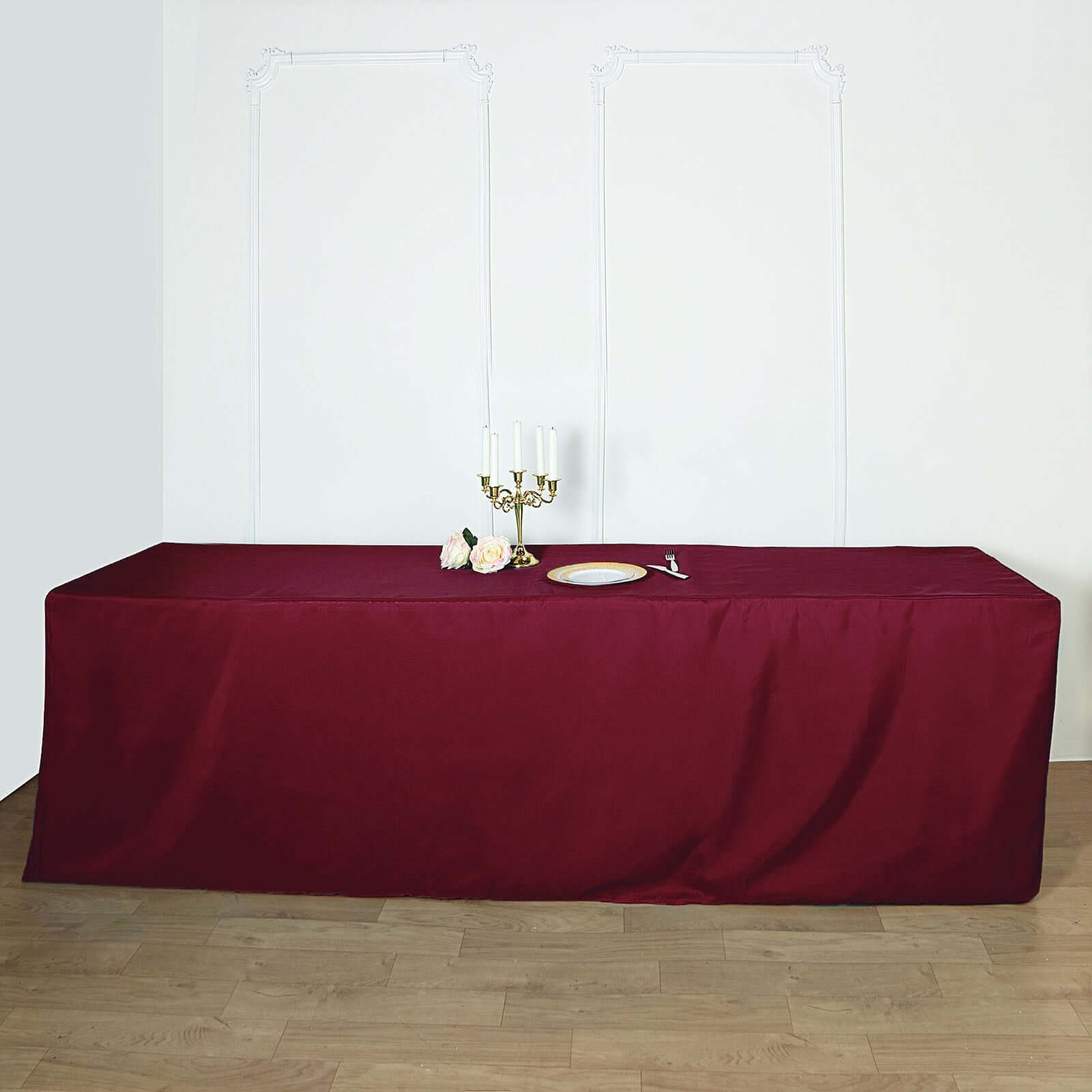 Durable Burgundy Fitted Polyester Rectangle Tablecloth for 8FT Tables - Easy Maintenance