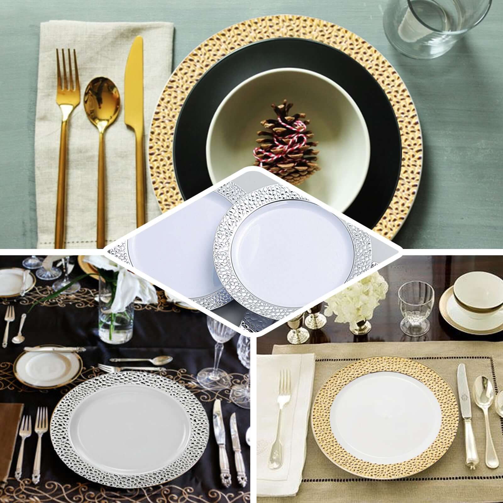 10-Piece Set of Disposable Clear Plastic Appetizer Plates with Hammered Design and Gold Rim for Special Events