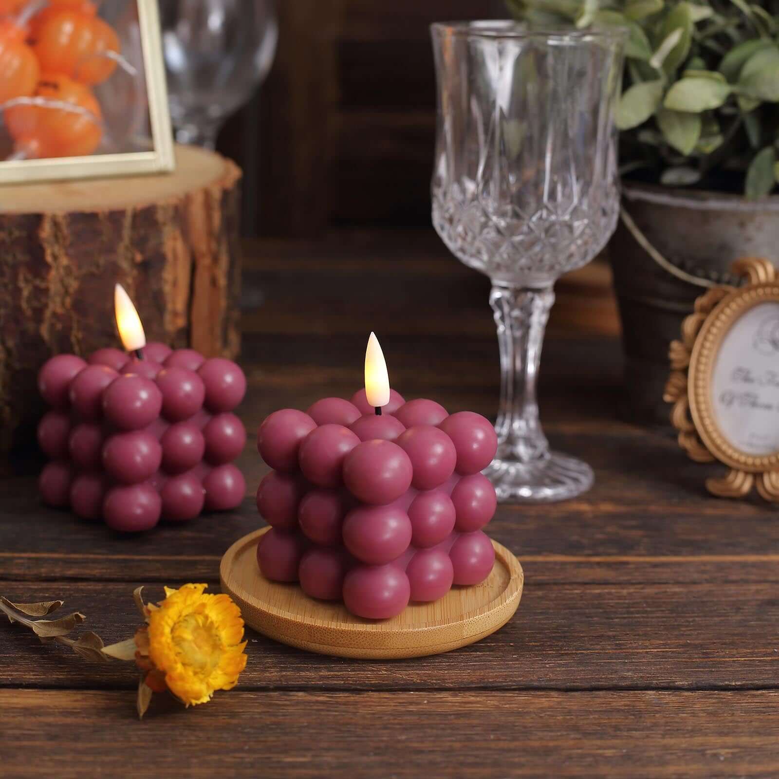 2-Pack Battery-Operated Burgundy LED Flameless Cube Candles with Flickering Warm White Light