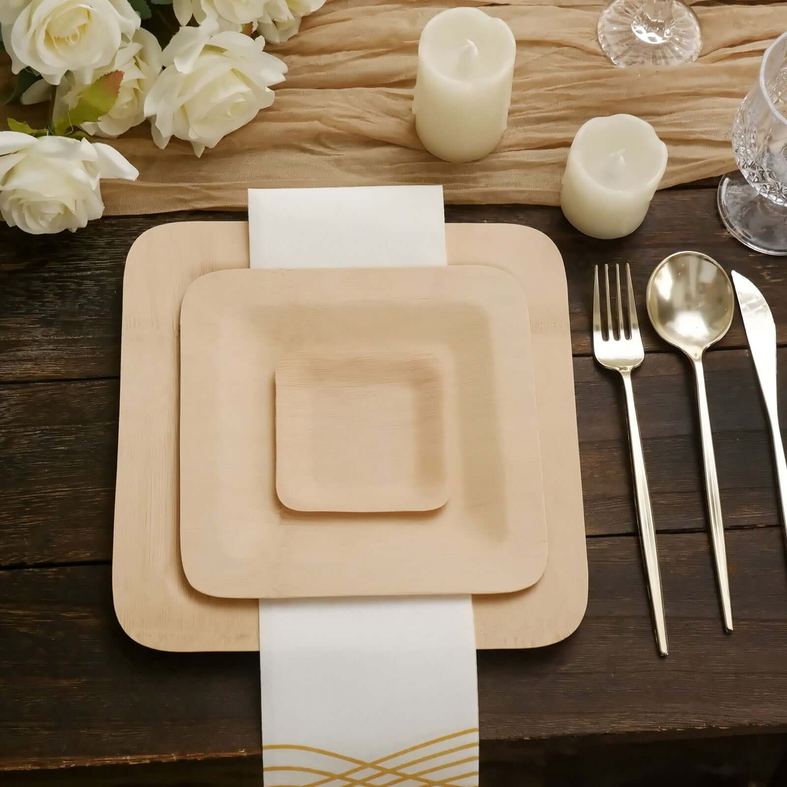 25-Piece Set of 3.5-Inch Natural Bamboo Square Disposable Dessert Plates for Farmhouse Events
