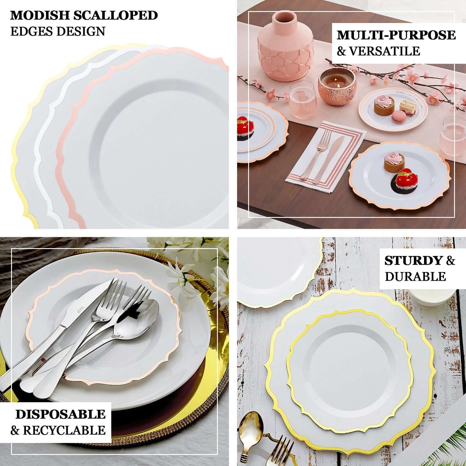 10-Pack Disposable Navy Blue Plastic Round Dinner Plates with Gold Scalloped Rims - Ideal for Parties