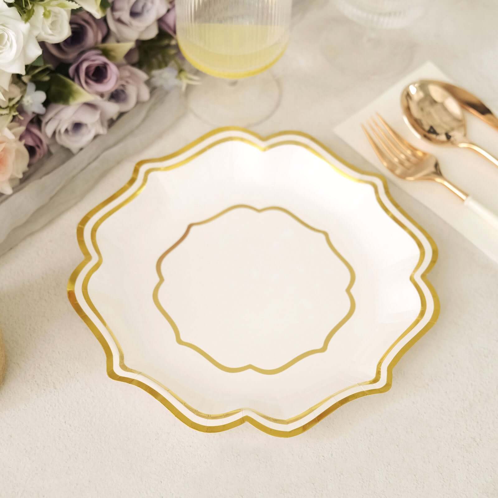 25-Pack Disposable White Paper Dessert Plates with Gold Scallop Rim - Ideal for Classy Events