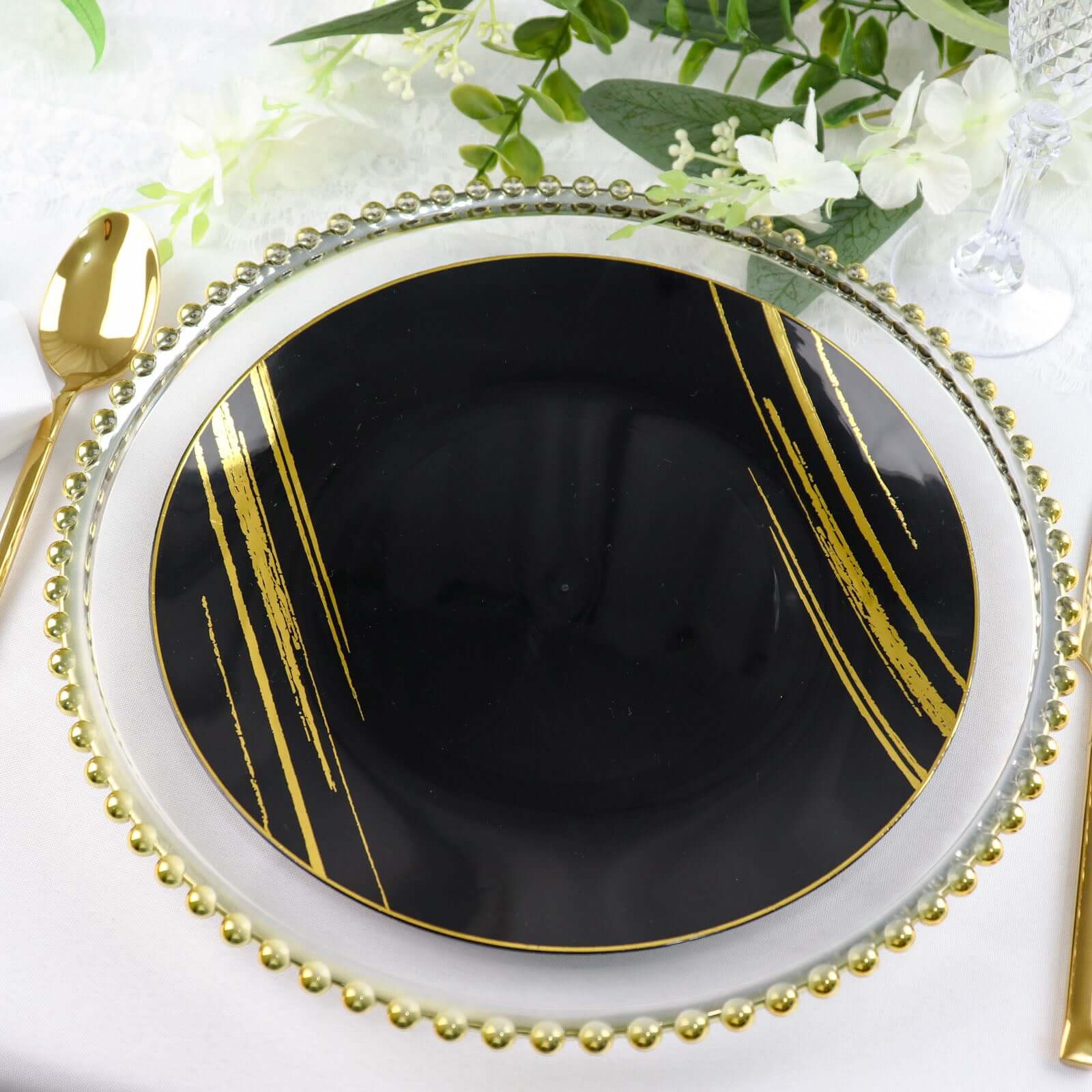 Hot Deal! 10-Pack Disposable Black Plastic Round Dinner Plates with Gold Brush Print