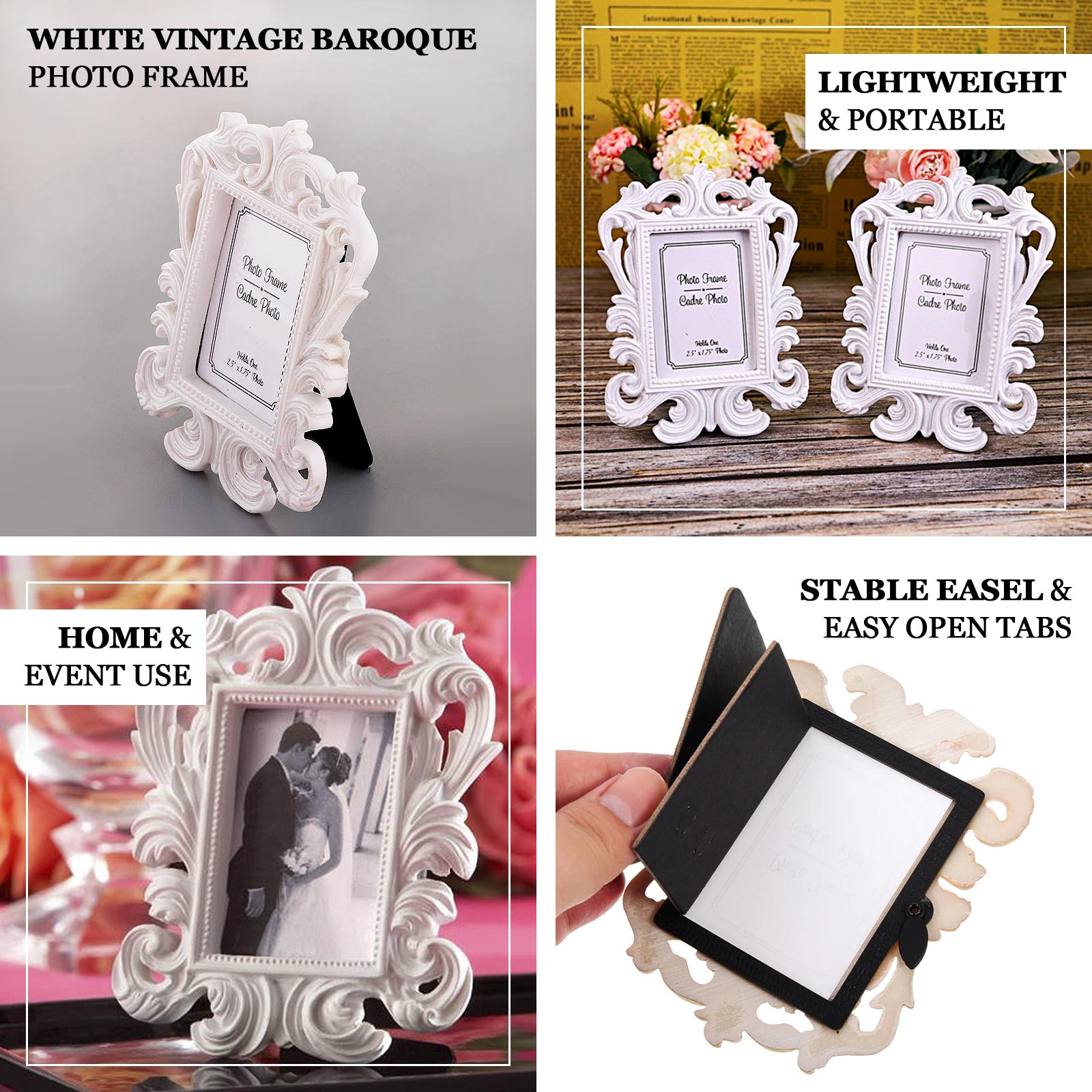 4-Piece Set of White Resin Vintage Baroque Mini Rectangle Picture Frames for Weddings and Parties