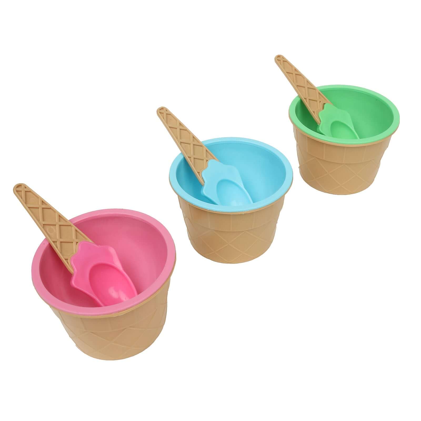 Set of 6 BPA-Free Plastic Dessert Cups with Waffle Design in Blue, Green, Pink & Matching Spoons