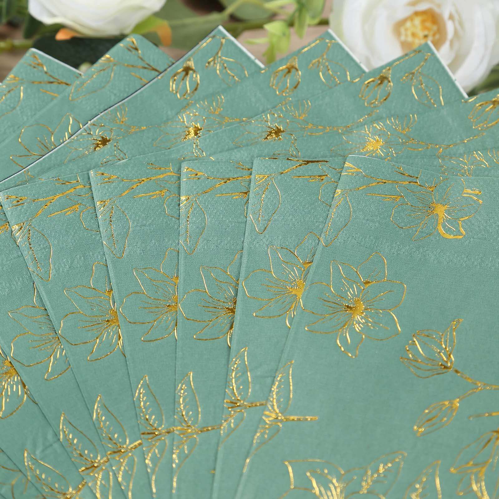 Get 50-Pack 2-Ply Absorbent Paper Cocktail Napkins with Gold Magnolia Prints in Dusty Sage Green
