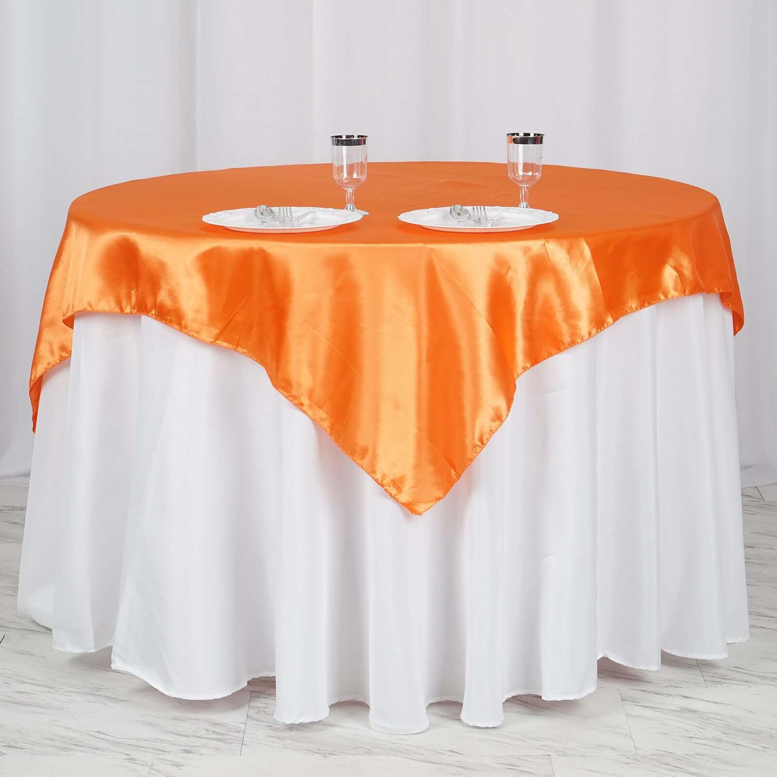 Hot Deal! Orange Satin 60x60 Square Table Overlay with Smooth Silky Touch