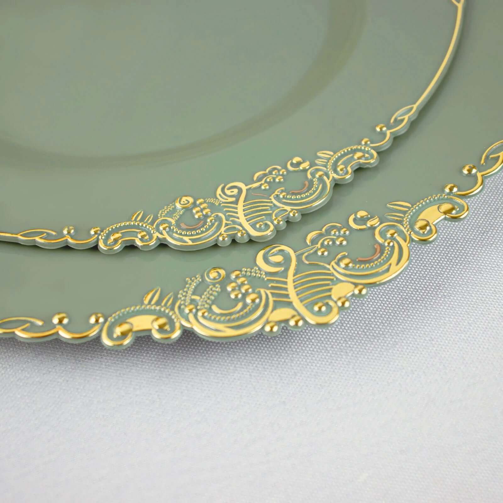 10-Pack Disposable Vintage Baroque Style Plastic Round Salad Dessert Plates in Dusty Sage Green with Gold Leaf Rim