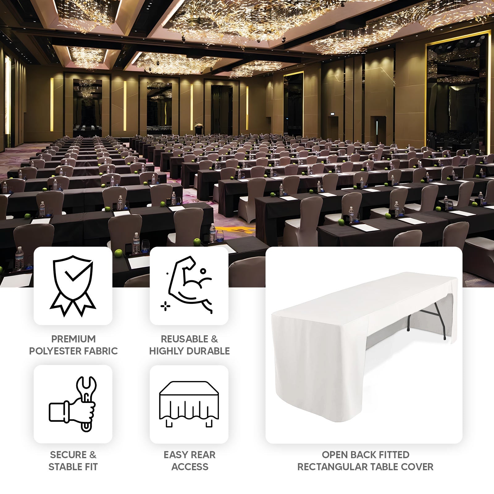 Wrinkle-Resistant White Fitted Polyester Tablecloth for 8ft Rectangles - Open Back Design