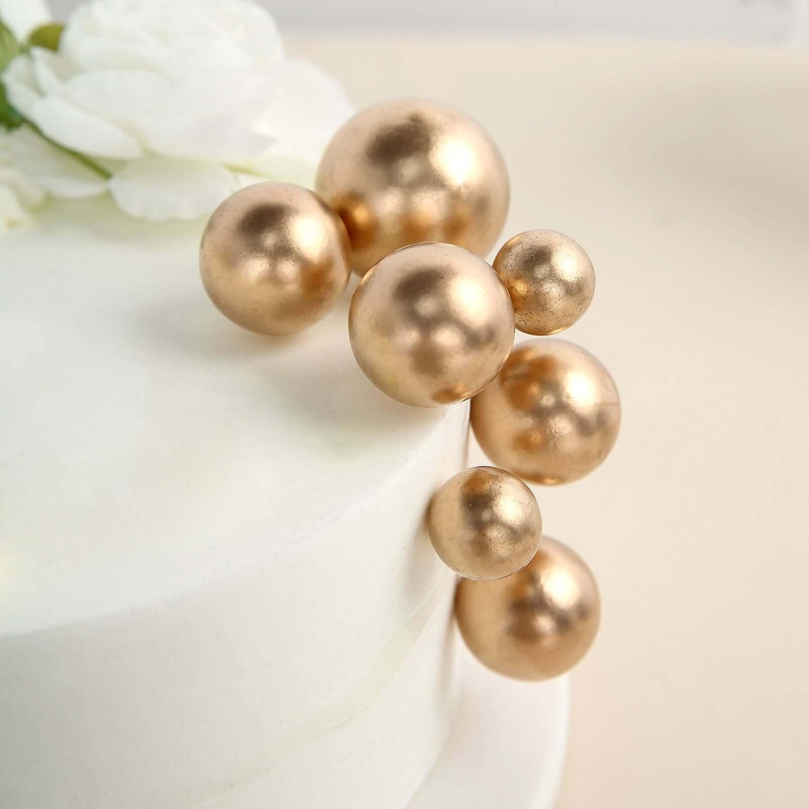 12 Pieces Gold Faux Pearl Ball Cake Toppers in Assorted Sizes for DIY Cupcake Decor