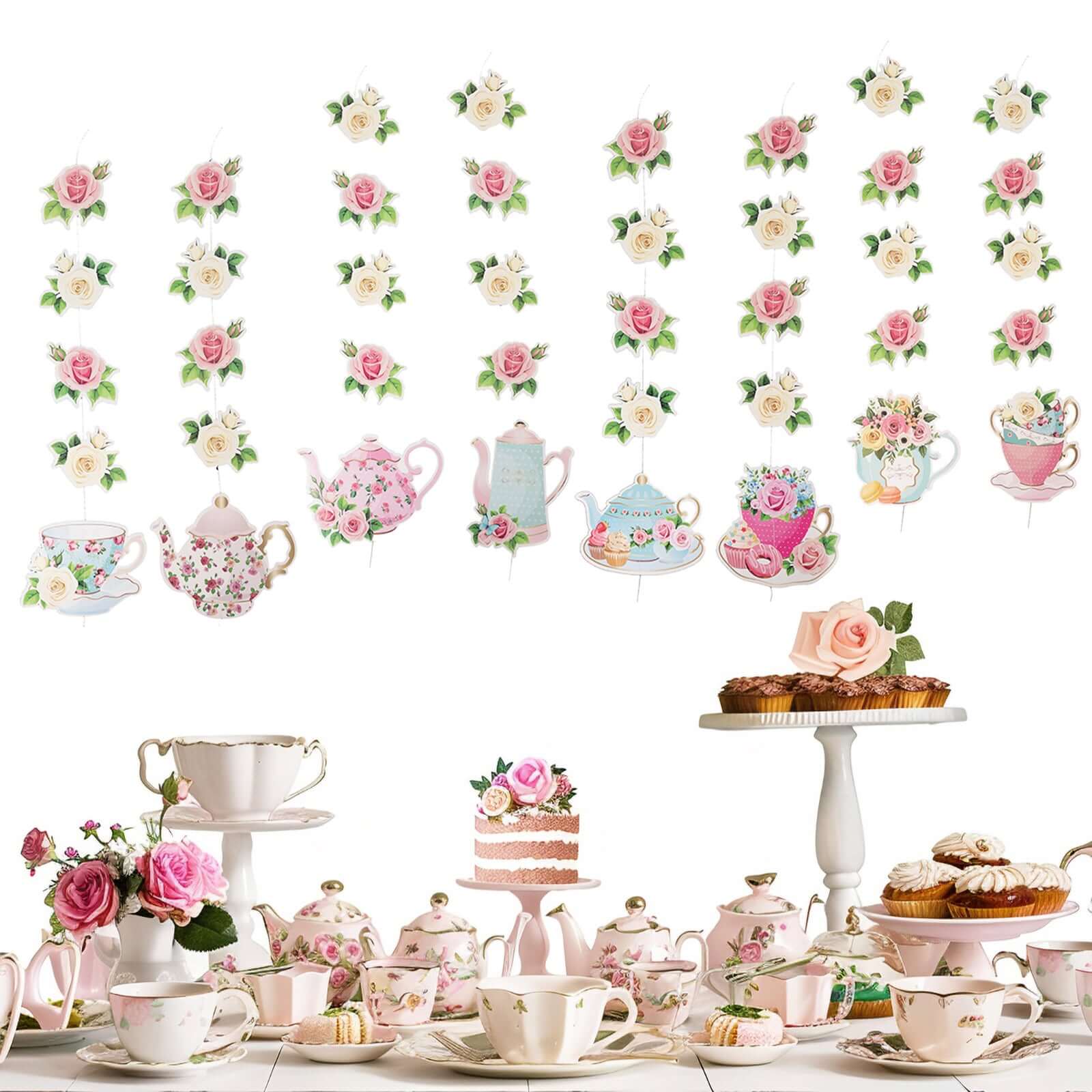8-Pack Double-Sided Floral Tea Party Paper Garland Set: 40 Pre-Assembled Mixed Teapot Decorations