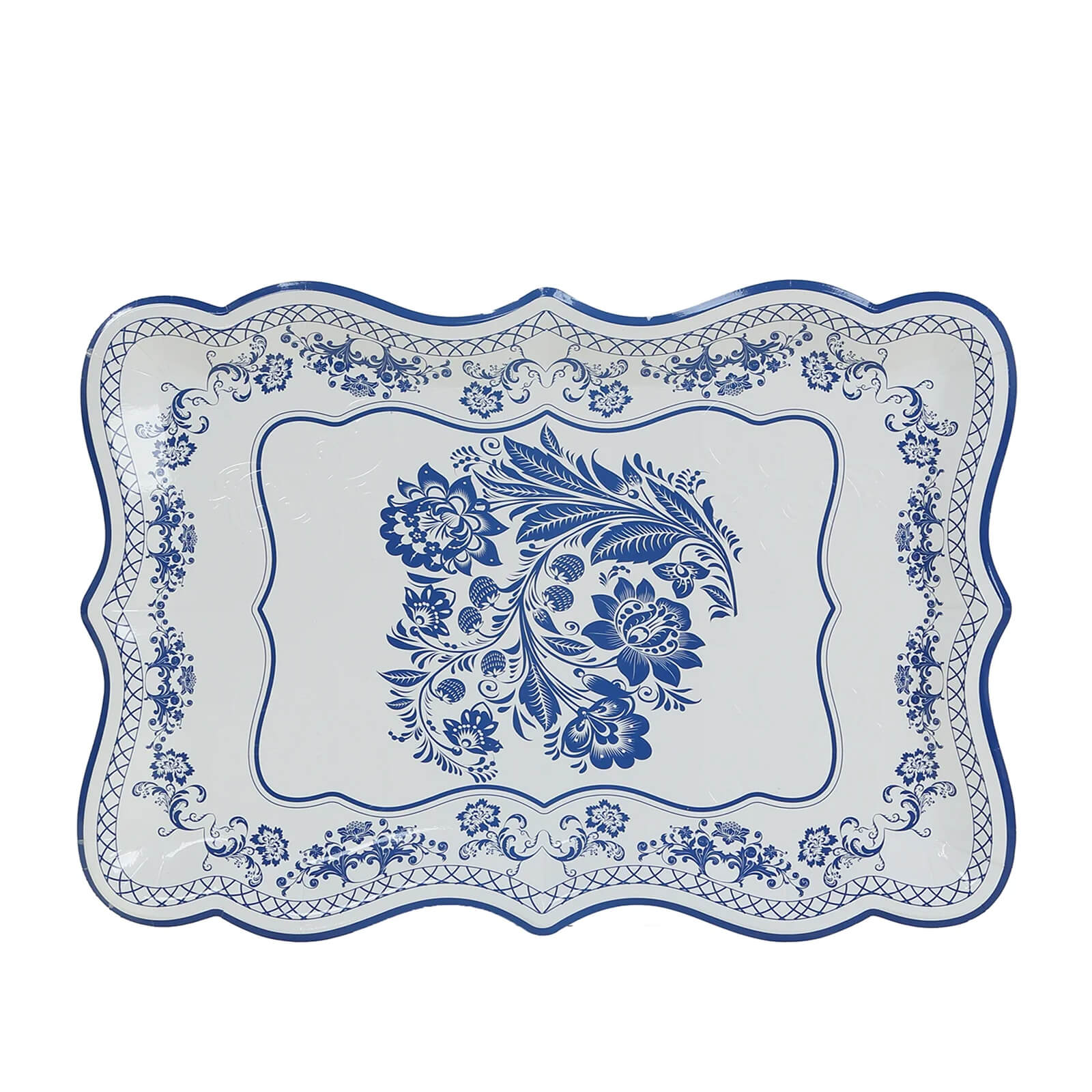 10-Pack Heavy Duty Disposable 400GSM Cardboard Serving Trays with White & Royal Blue Damask Floral Pattern for Weddings & Parties