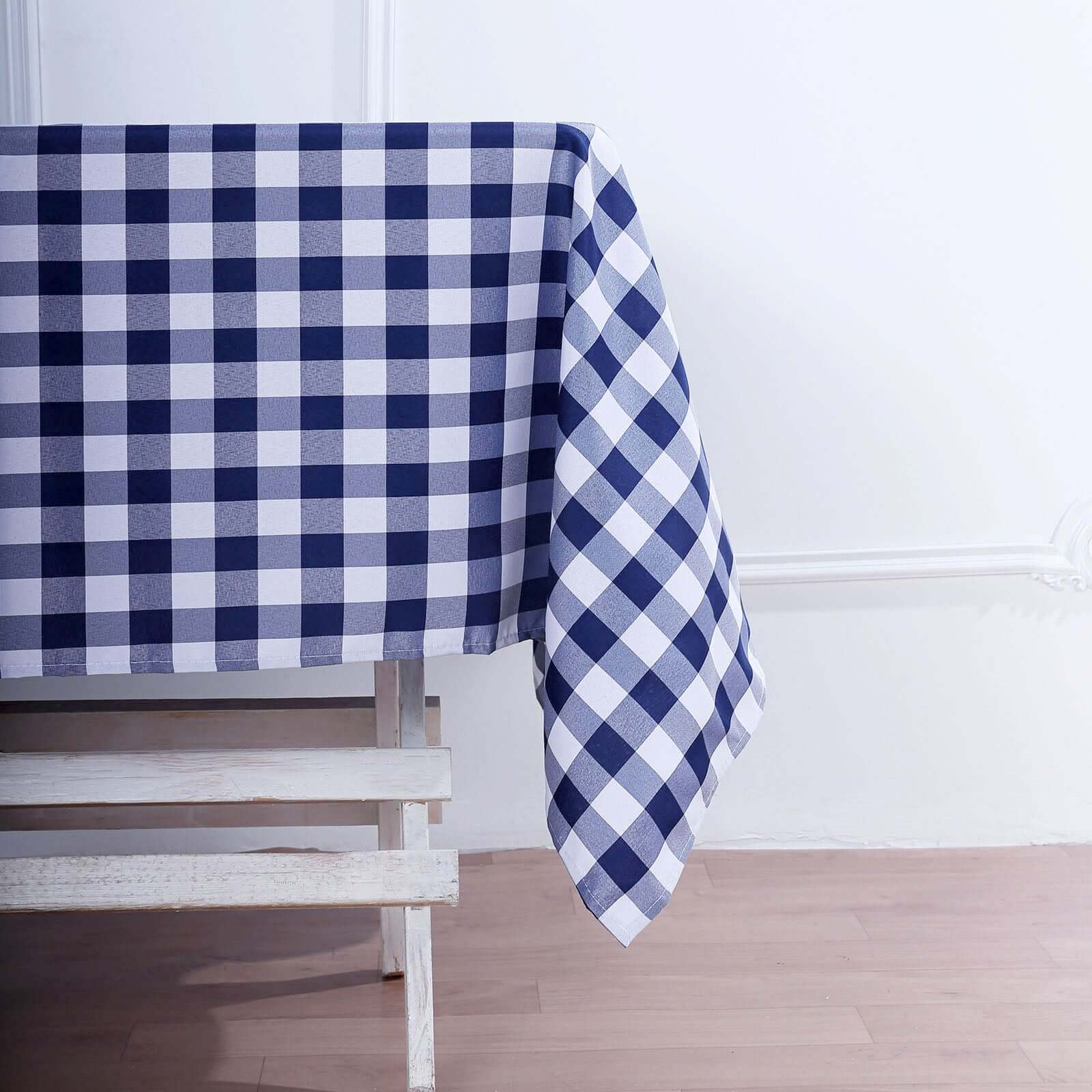 Hot! White/Navy Blue Checkered Buffalo Plaid Polyester 54x54 Square Tablecloth for Casual Tables