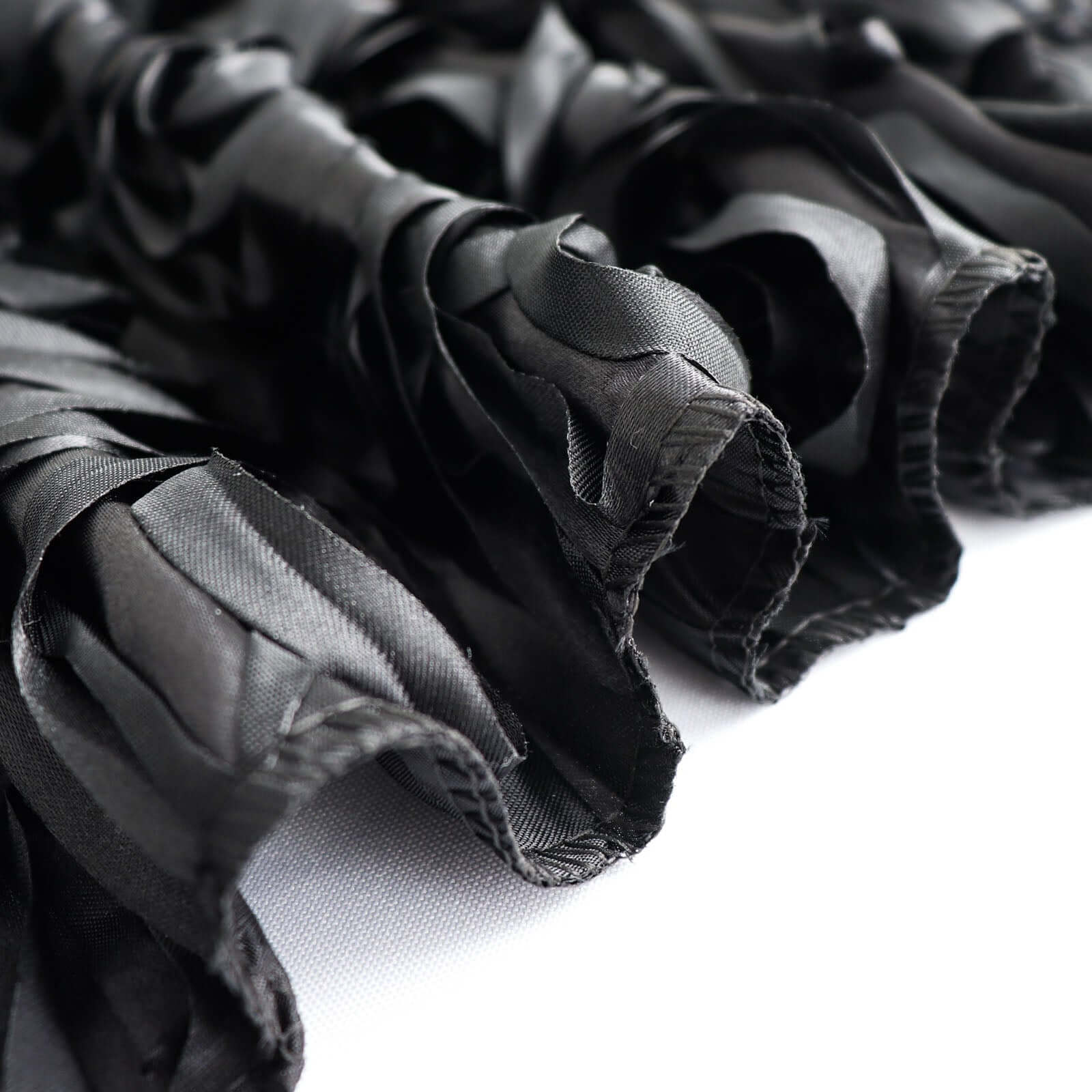 Black 72x72 Satin Square Table Overlay with 3D Rosette Design - Ideal for Stylish Events
