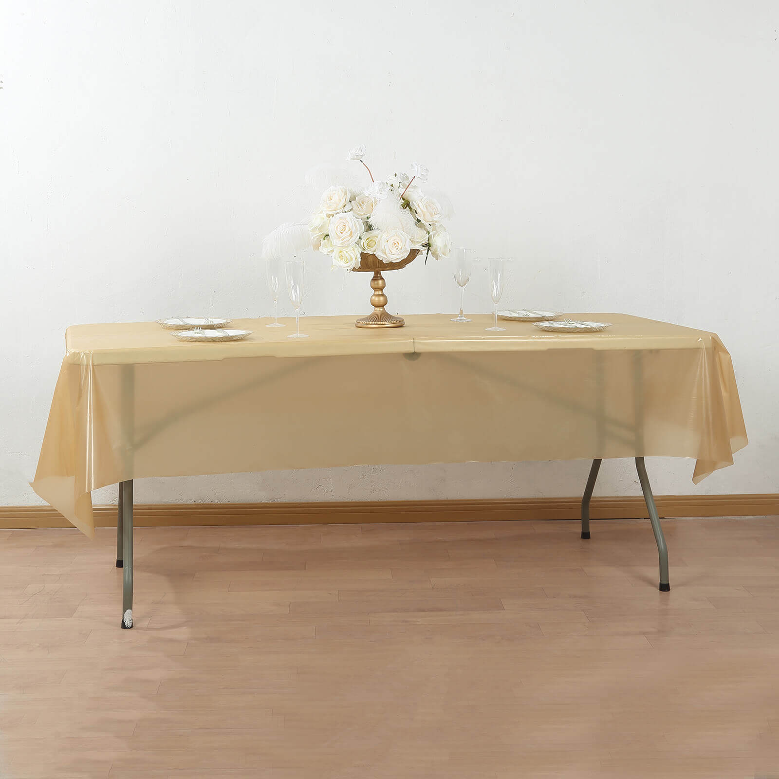 Customizable Gold Plastic Table Cover Roll with Slide Cutter, 54x300ft