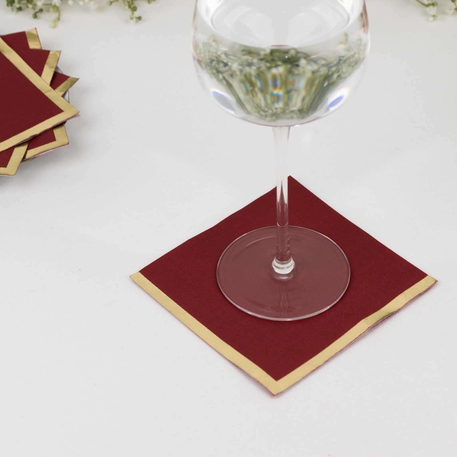Hot! 50-Pack 2-Ply Disposable Burgundy Cocktail Napkins with Gold Foil Edge, 18GSM